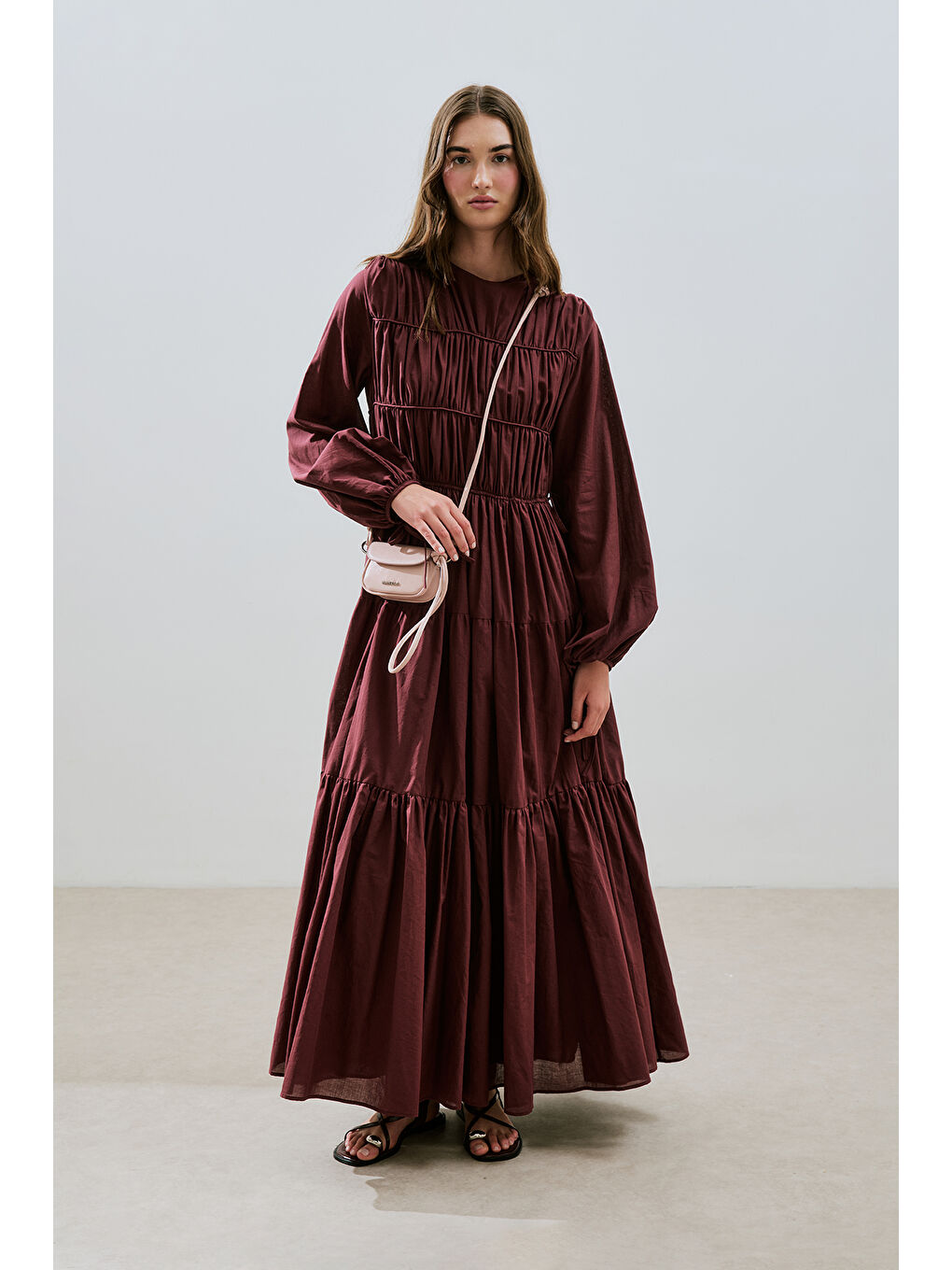 Büzgülü Uzun Kol Elbise Bordo-5