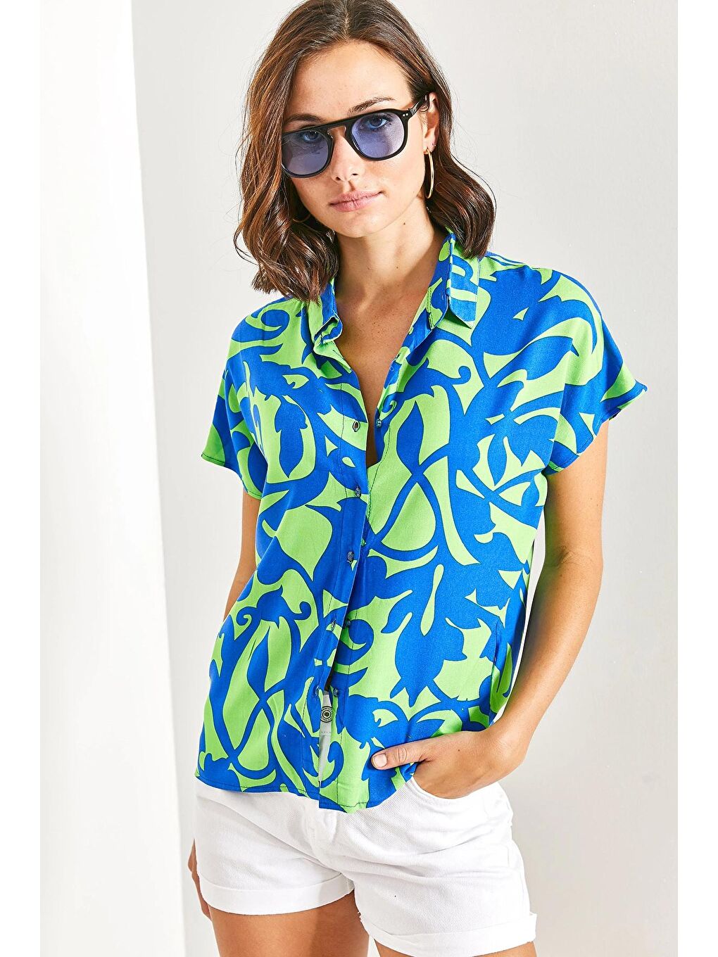 Yeşil Kadın Yarasa Kol Multi Desenli Viskon Gömlek-2