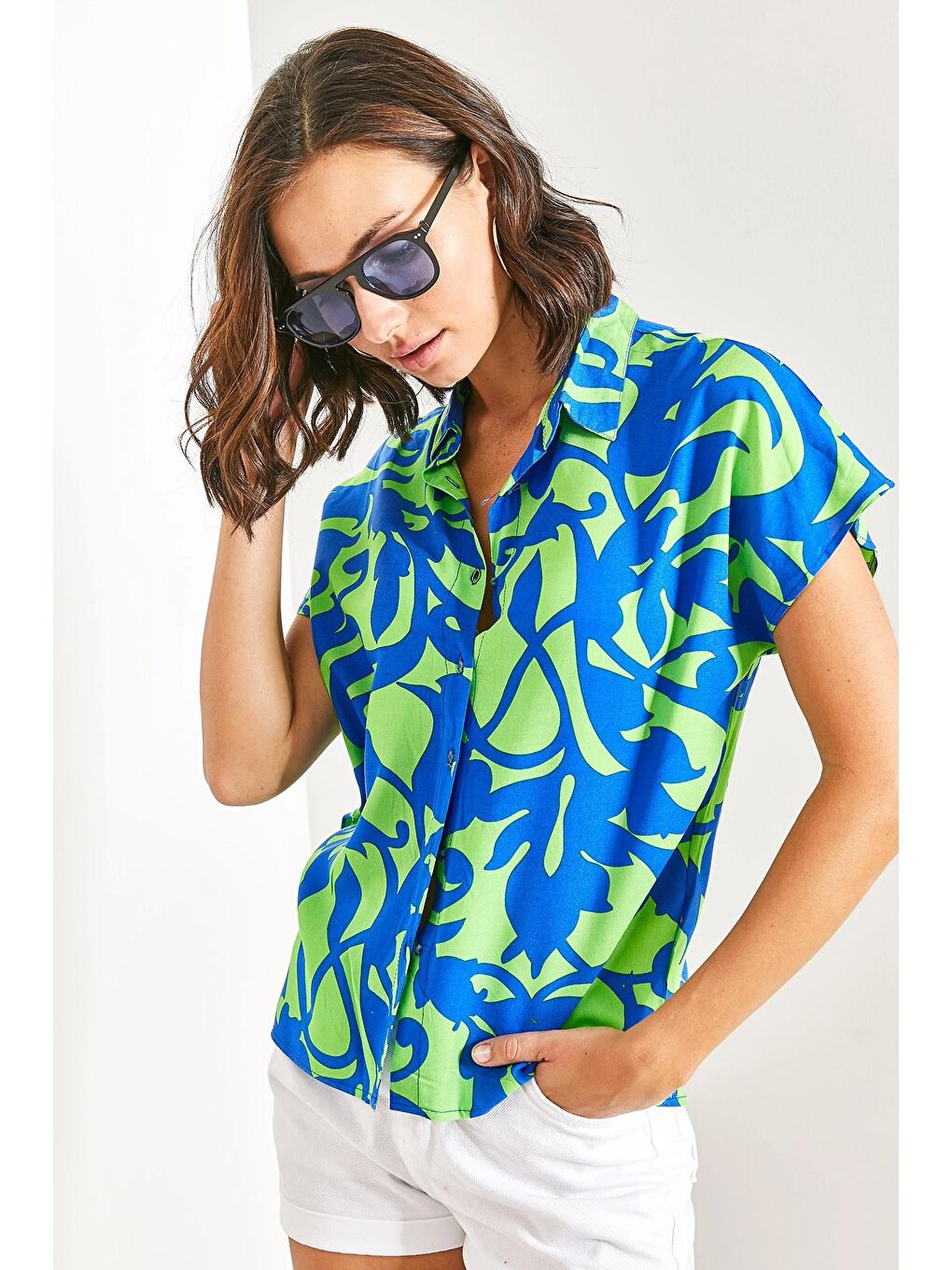 Yeşil Kadın Yarasa Kol Multi Desenli Viskon Gömlek-3