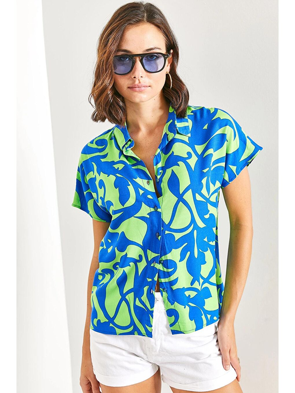 Yeşil Kadın Yarasa Kol Multi Desenli Viskon Gömlek-4