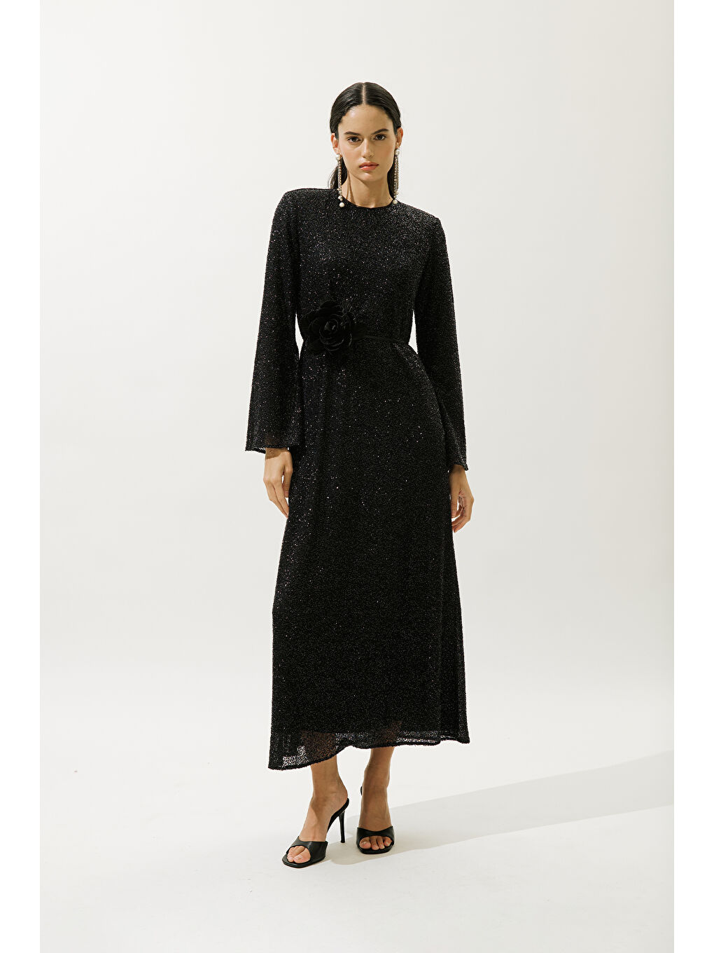 Işıltılı Uzun Kol Abiye Elbise Siyah