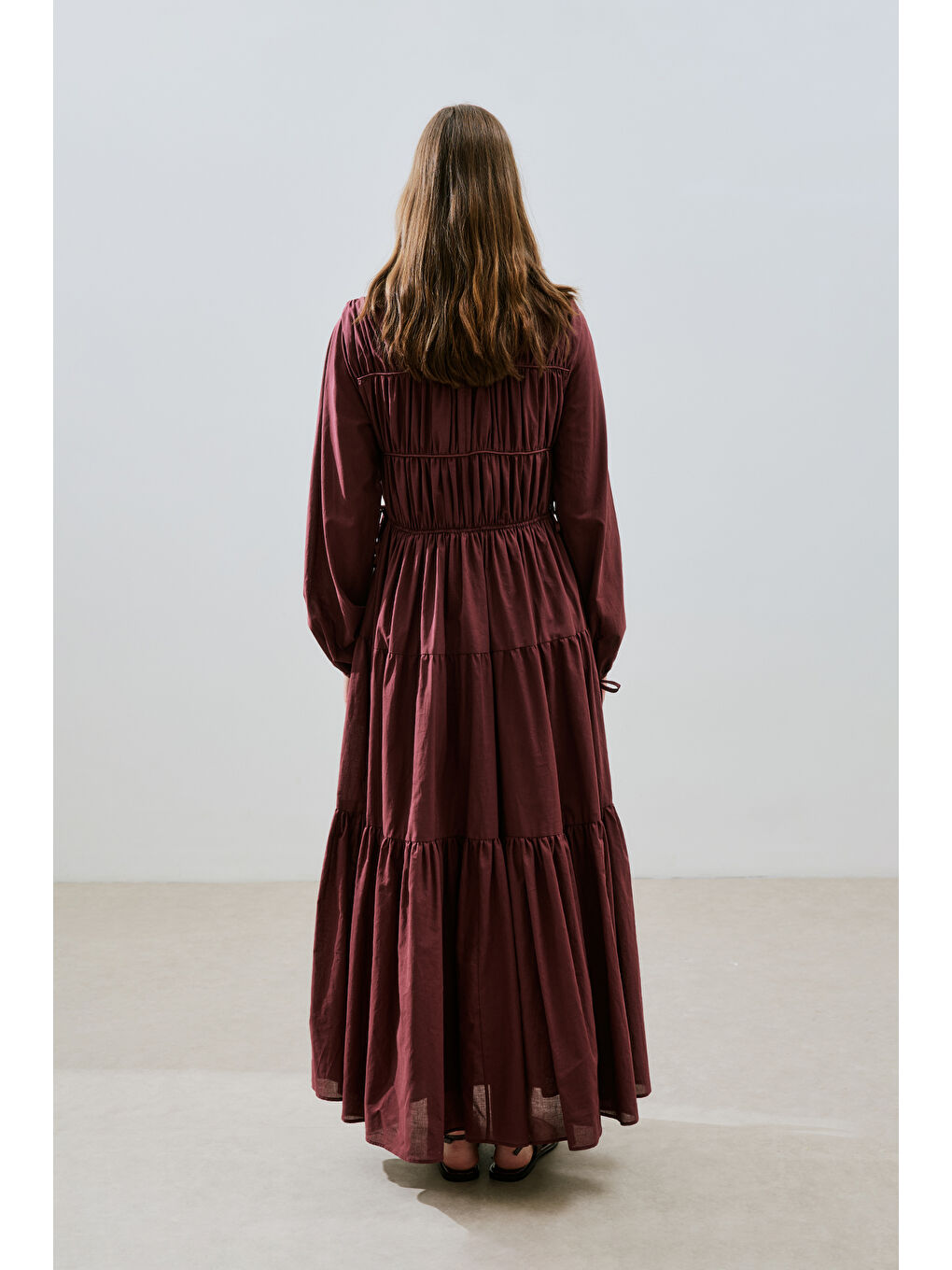 Büzgülü Uzun Kol Elbise Bordo-6