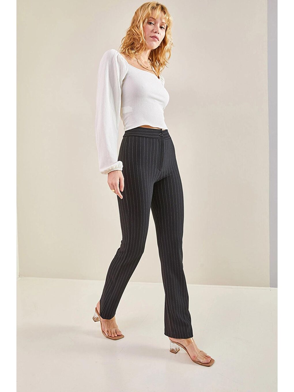 Siyah Kadın Ağaç Kabuğu Elastanlı Çizgili Pantolon-1