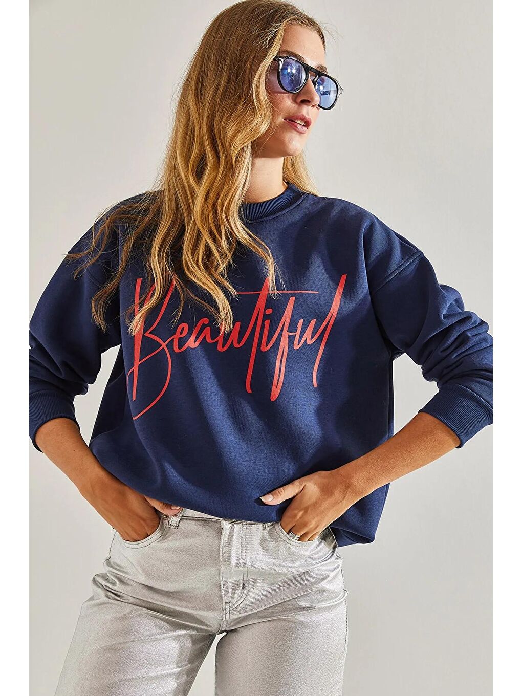 Lacivert Kadın Baskılı Üç İplik Şardonlu Sweatshirt