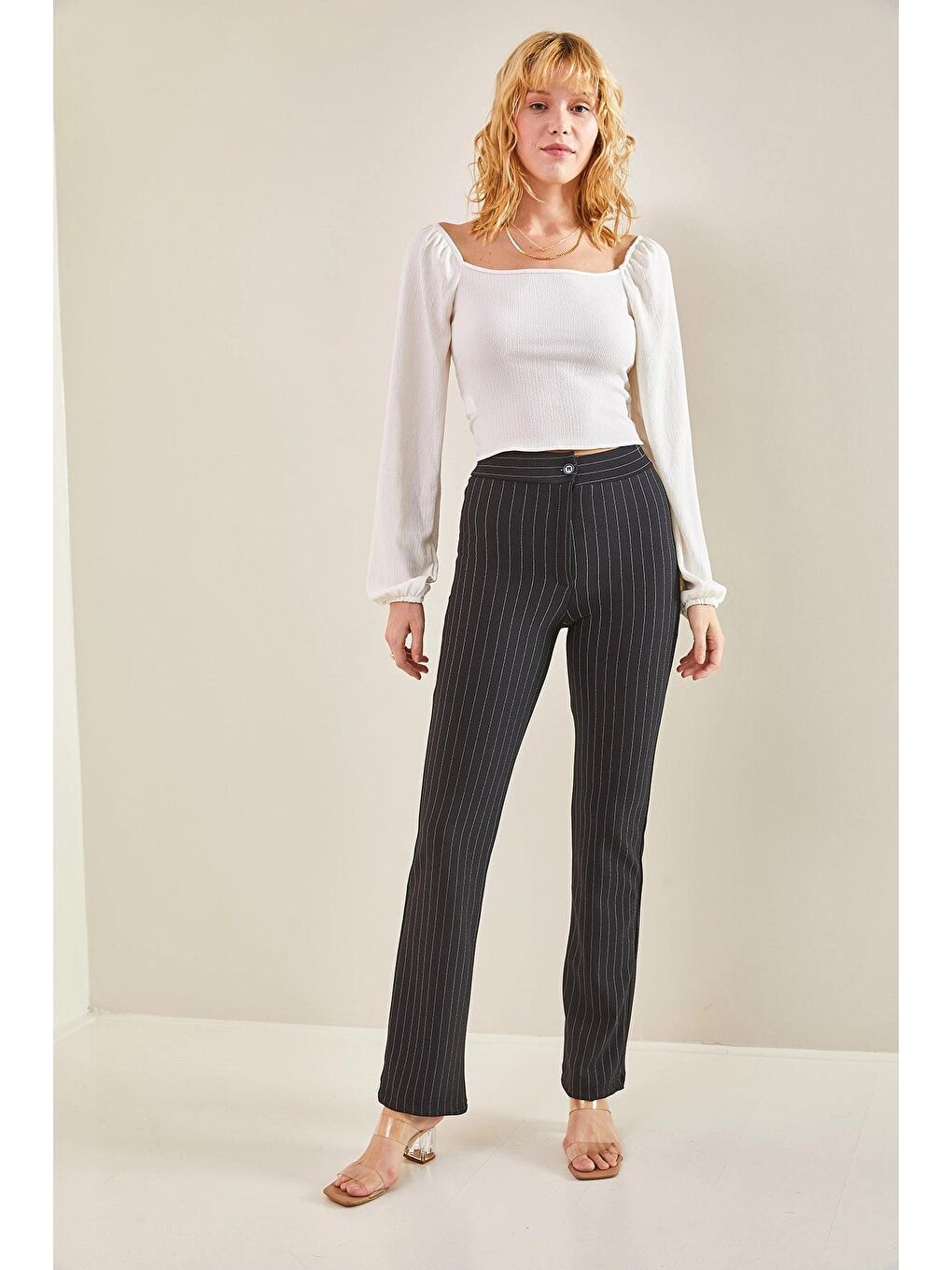 Siyah Kadın Ağaç Kabuğu Elastanlı Çizgili Pantolon-3