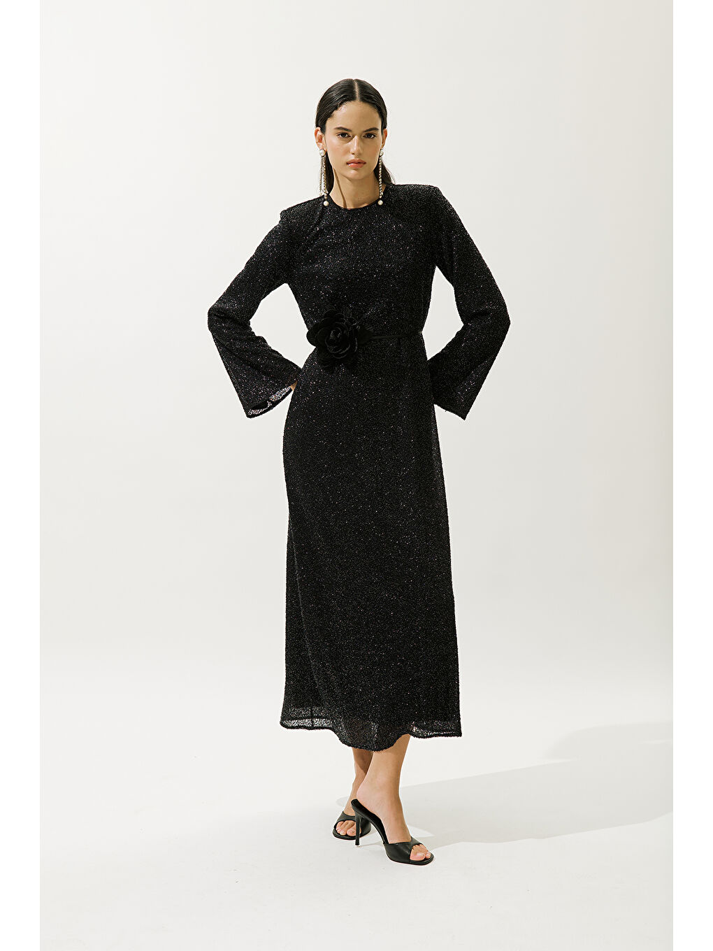 Işıltılı Uzun Kol Abiye Elbise Siyah-1