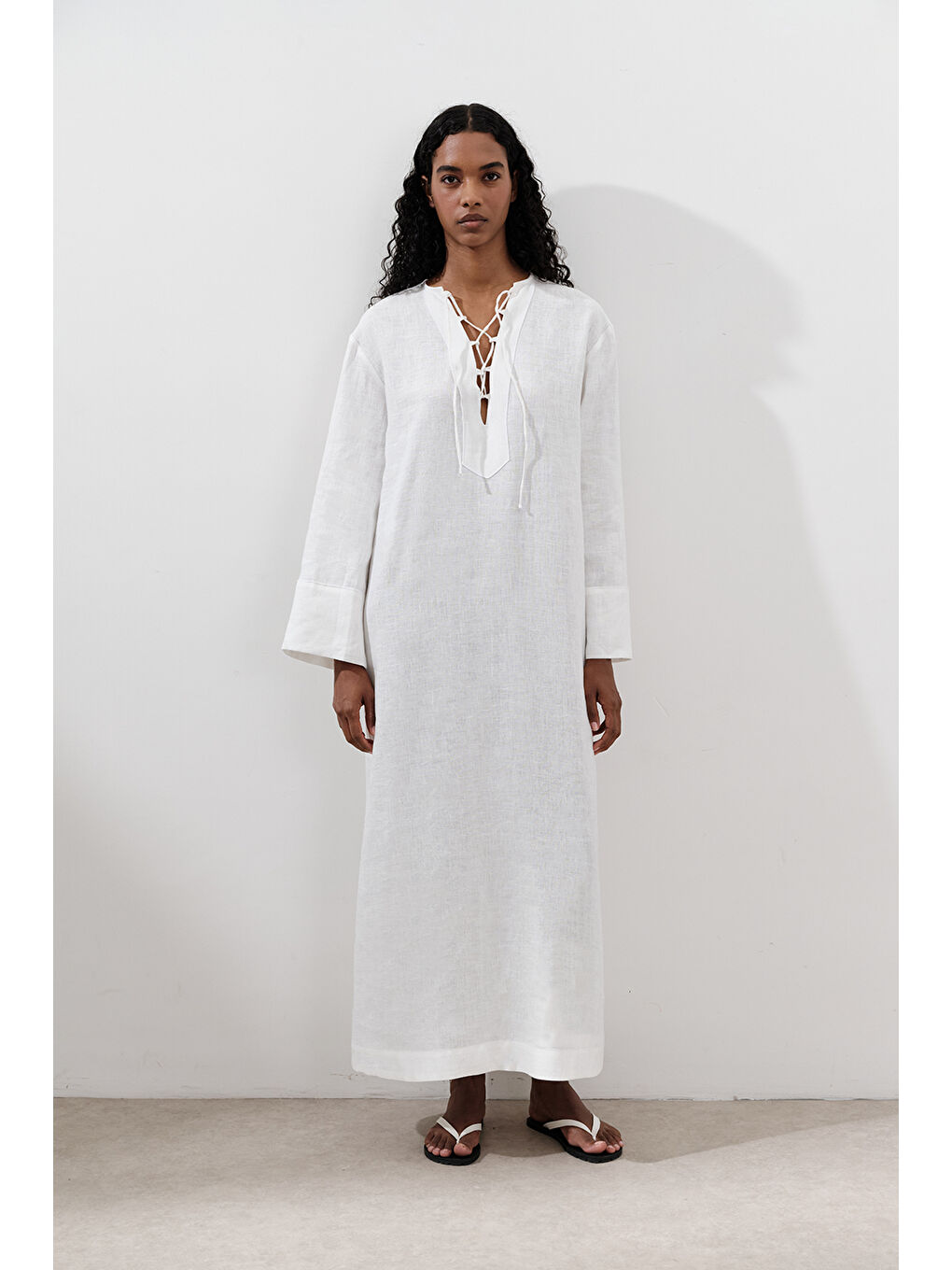 Keten Bağlama Detaylı Elbise Ekru-2