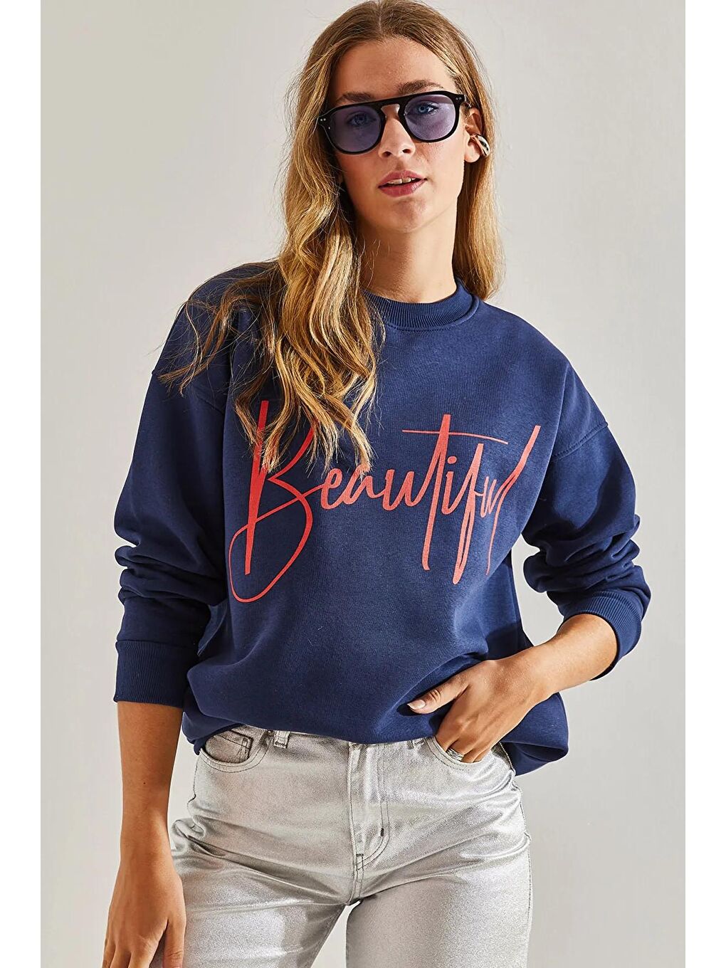 Lacivert Kadın Baskılı Üç İplik Şardonlu Sweatshirt-1