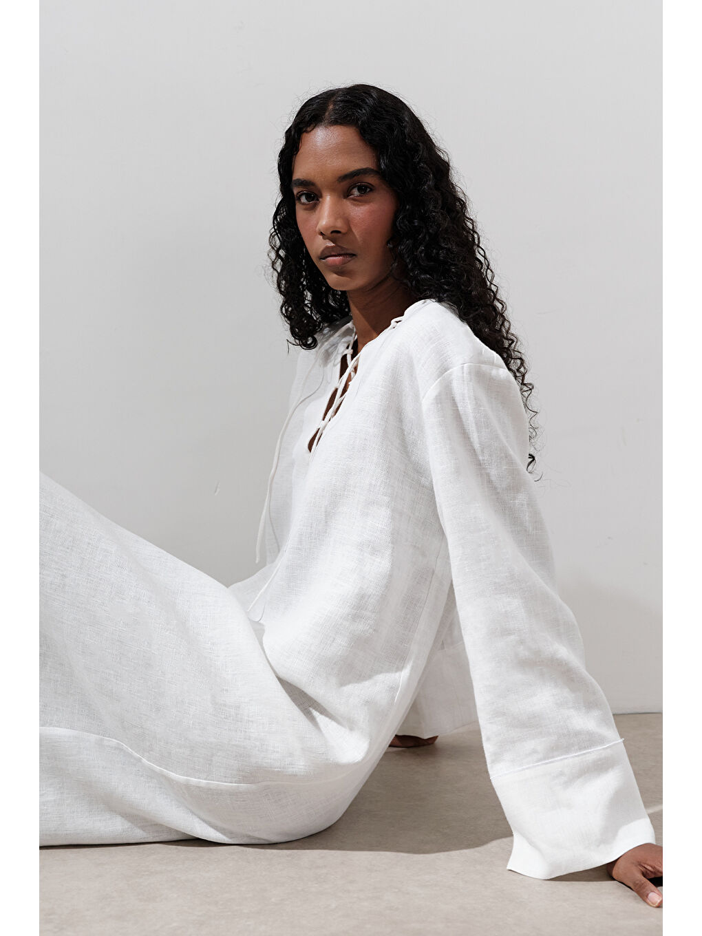 Keten Bağlama Detaylı Elbise Ekru-3