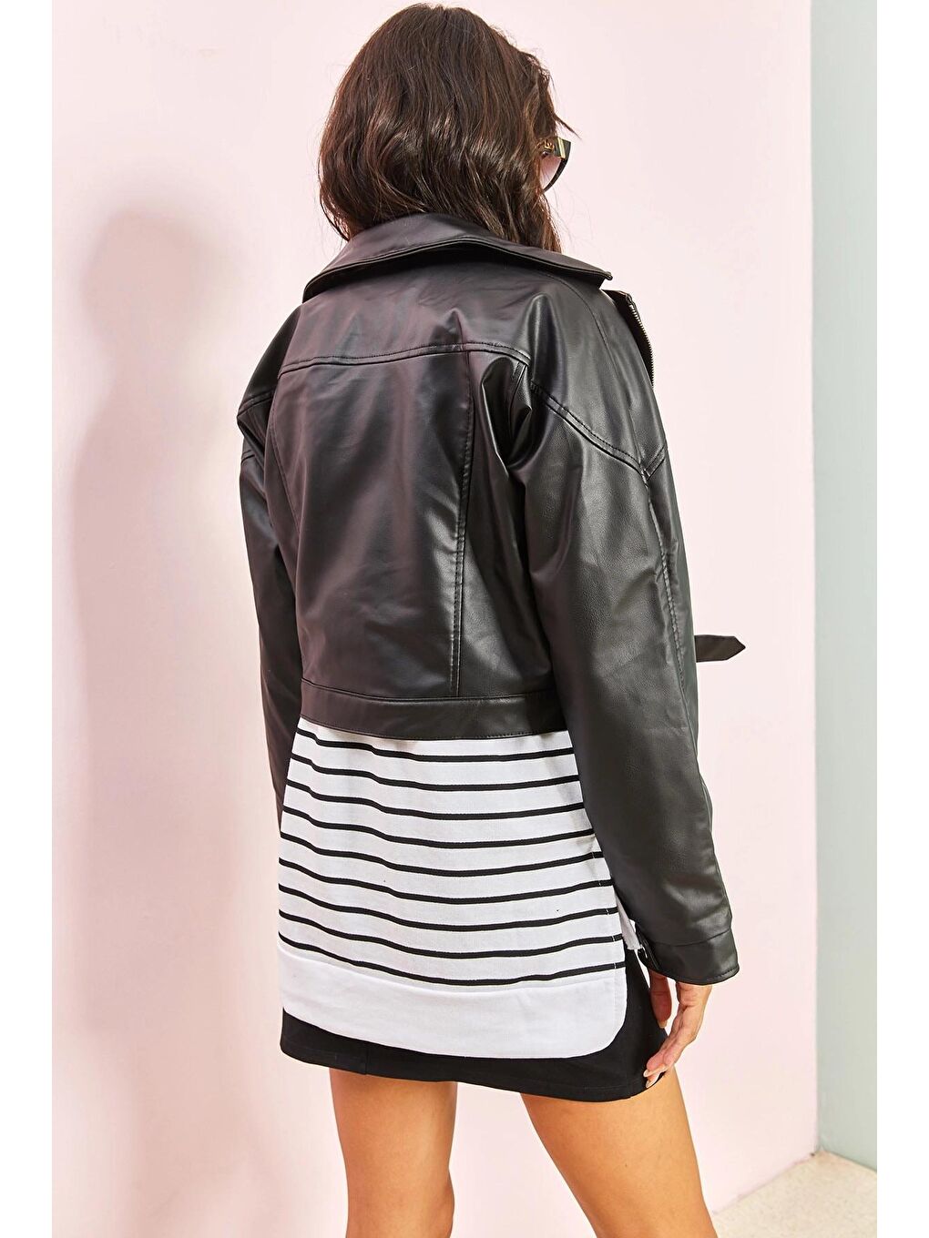 Siyah Kadın Küçük Cepli Biker Deri Ceket 2204-4