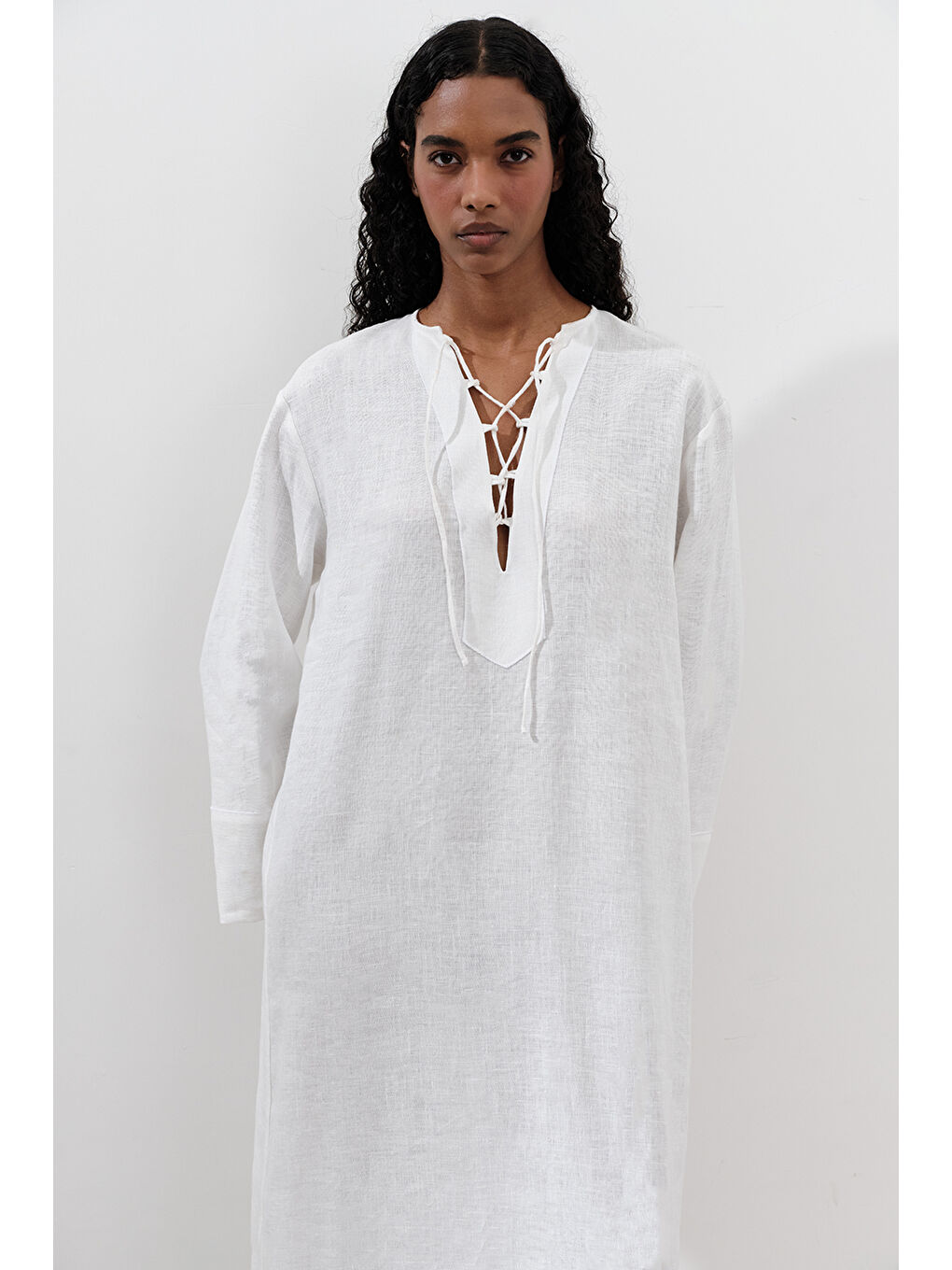 Keten Bağlama Detaylı Elbise Ekru-4