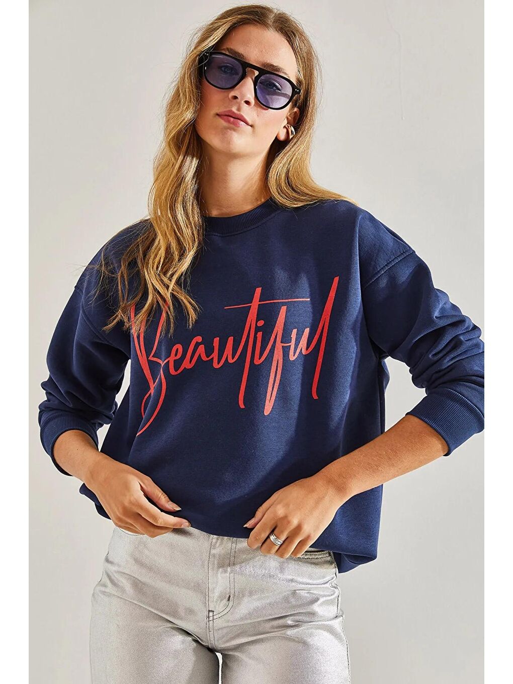 Lacivert Kadın Baskılı Üç İplik Şardonlu Sweatshirt-2