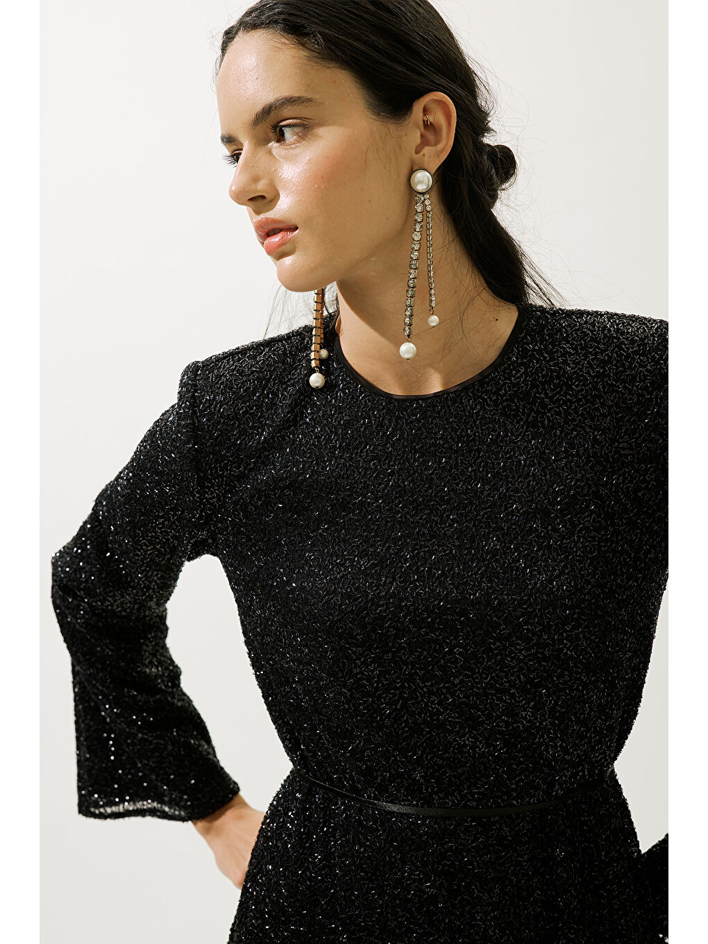 Işıltılı Uzun Kol Abiye Elbise Siyah-2