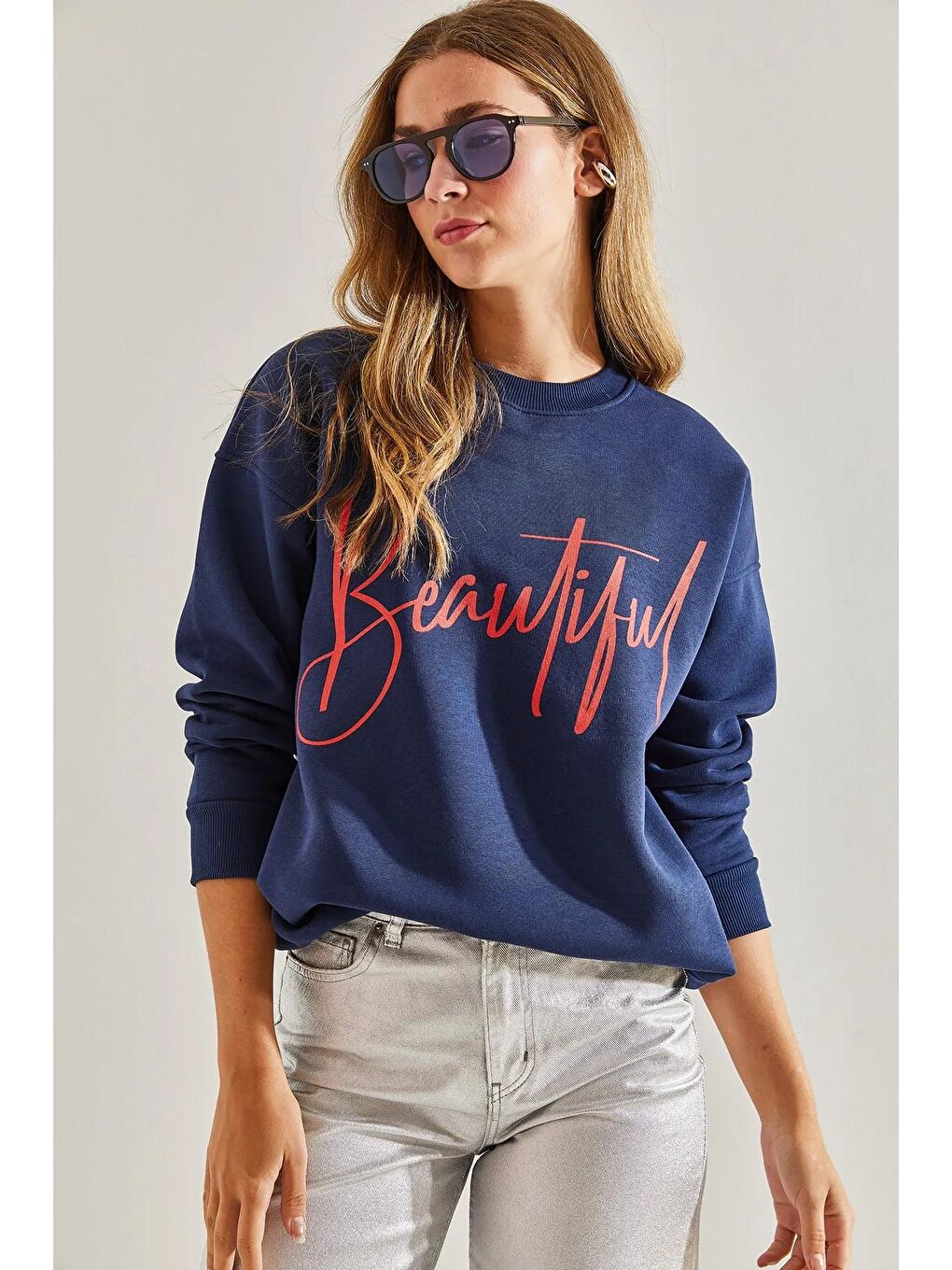 Lacivert Kadın Baskılı Üç İplik Şardonlu Sweatshirt-3