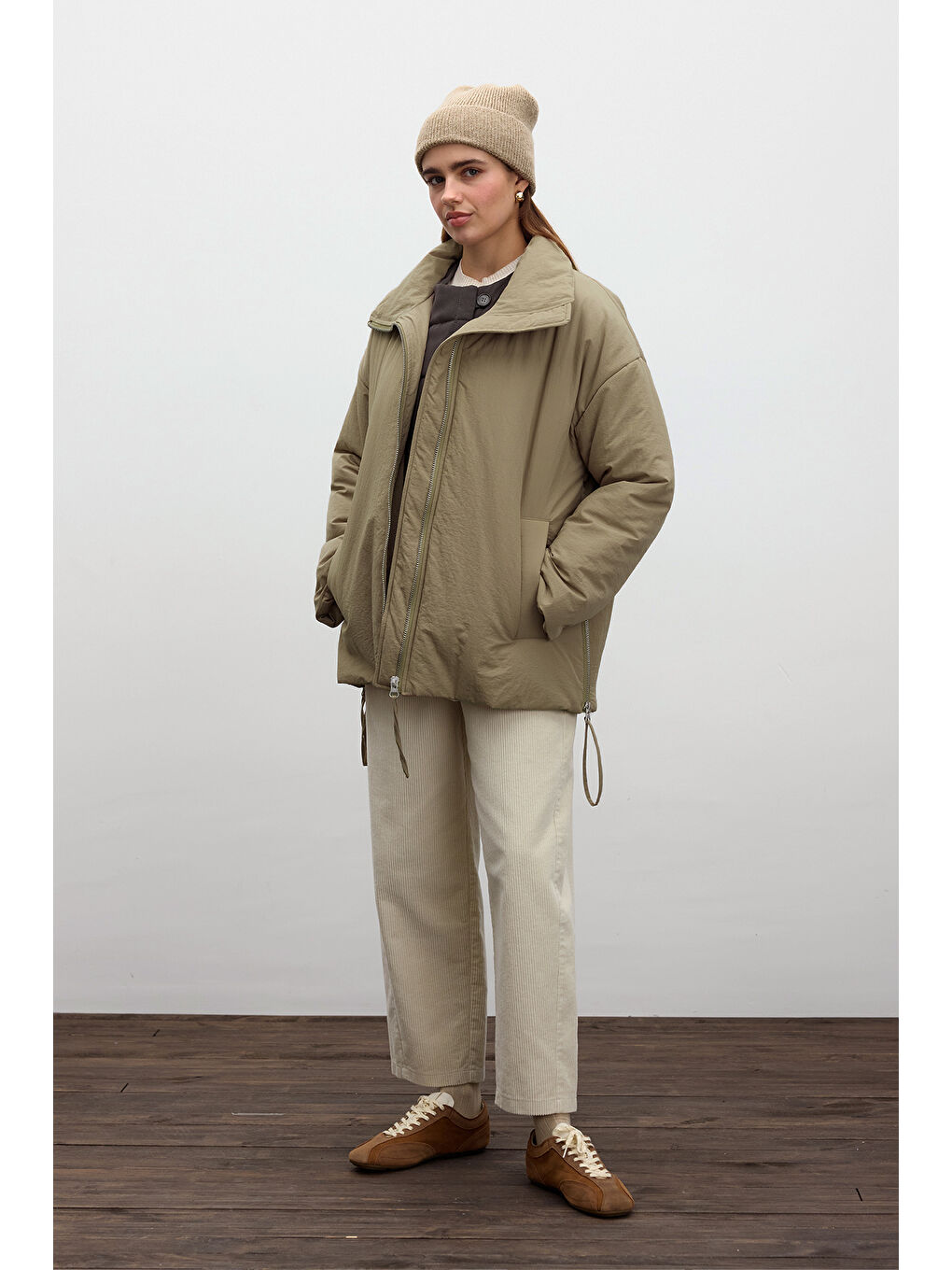 Bej Fermuarlı Mont Vizon-3