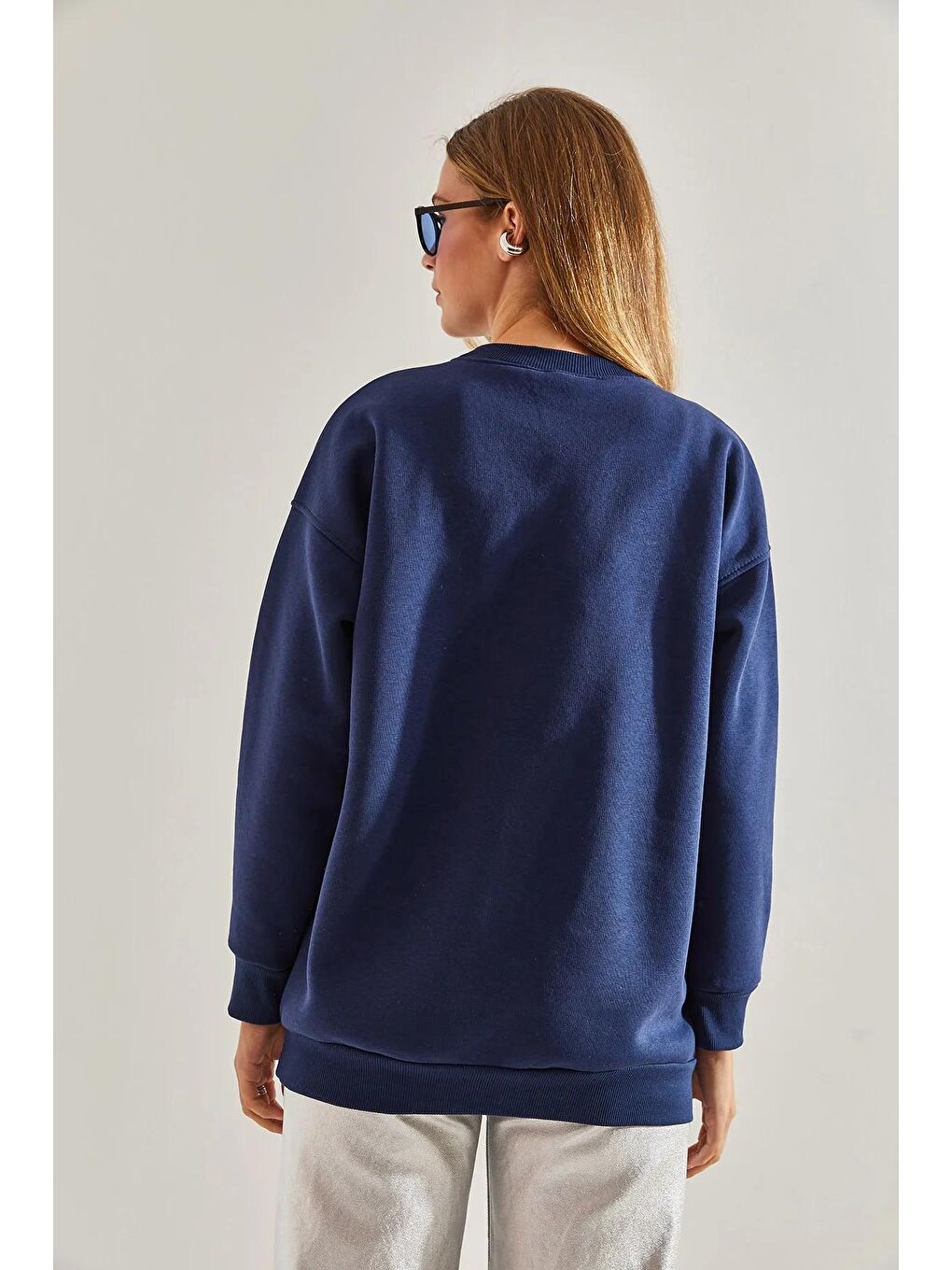 Lacivert Kadın Baskılı Üç İplik Şardonlu Sweatshirt-4