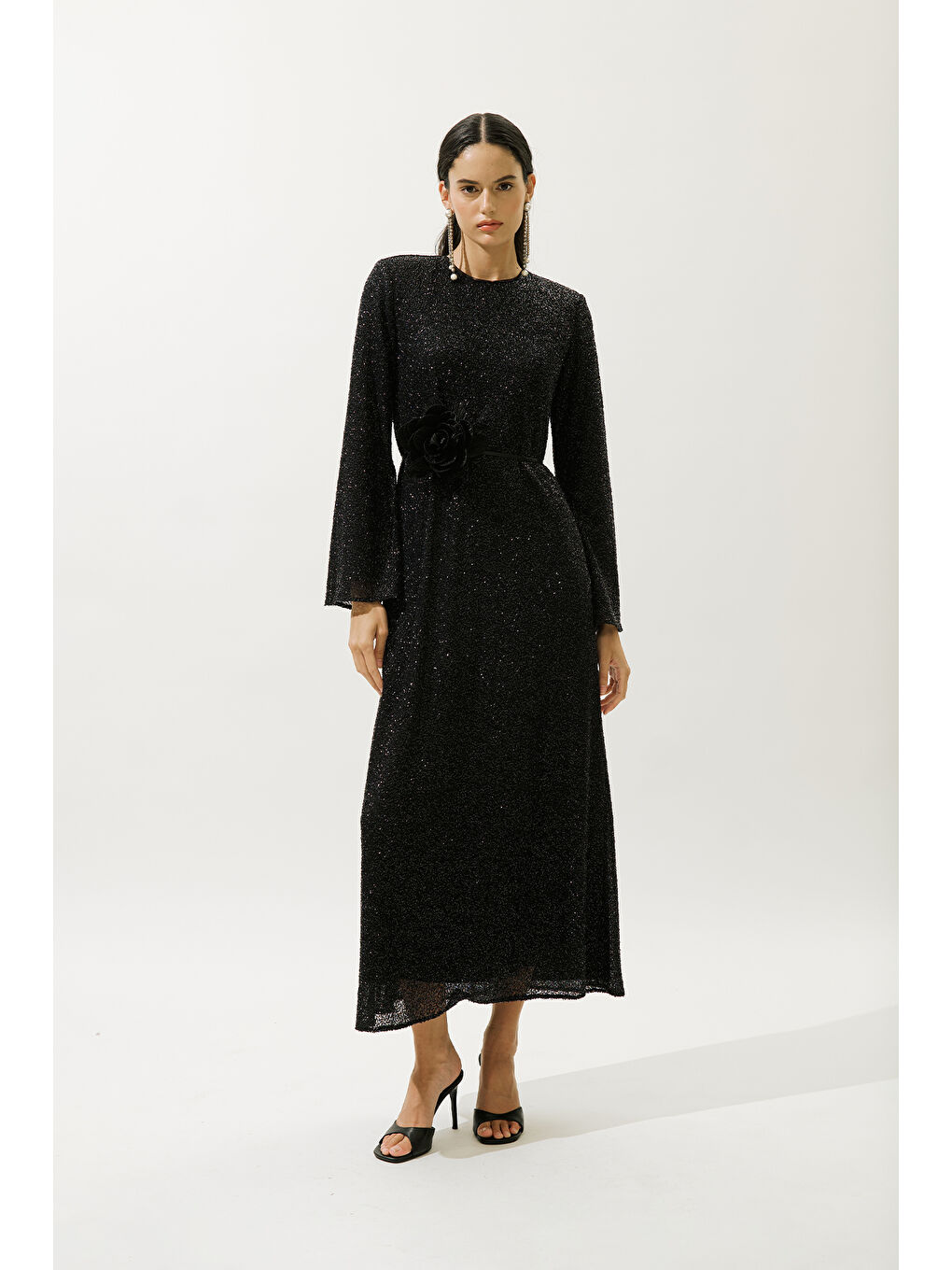 Işıltılı Uzun Kol Abiye Elbise Siyah-3