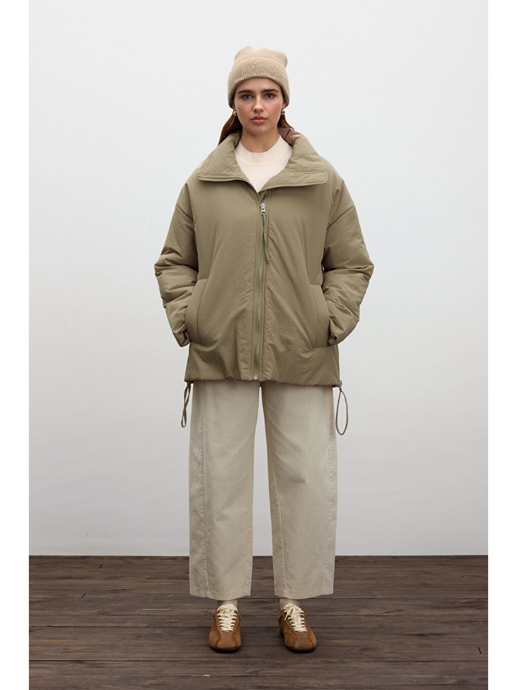 Bej Fermuarlı Mont Vizon-4