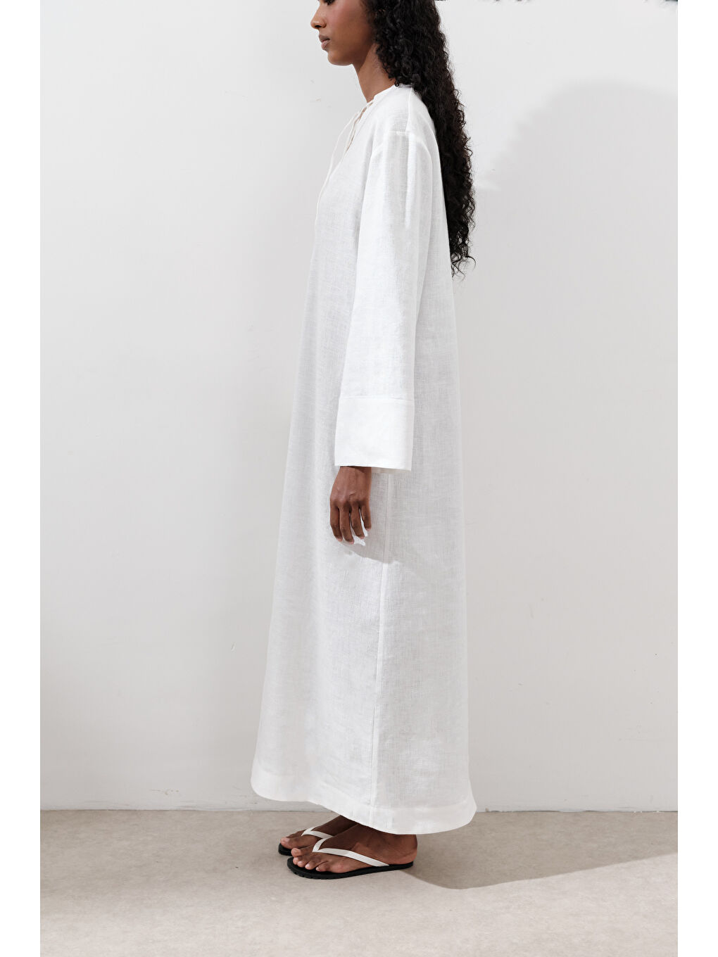 Keten Bağlama Detaylı Elbise Ekru-7