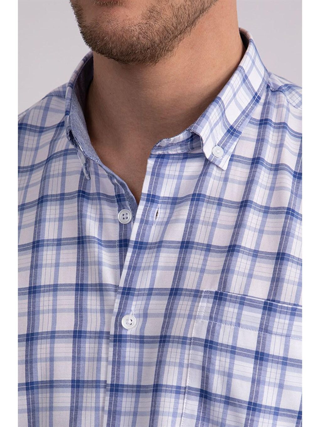 Beyaz Erkek Regular Fit Klasik Kesim Düğmeli Yaka Pamuklu Kolay Ütü Kareli Gömlek-2