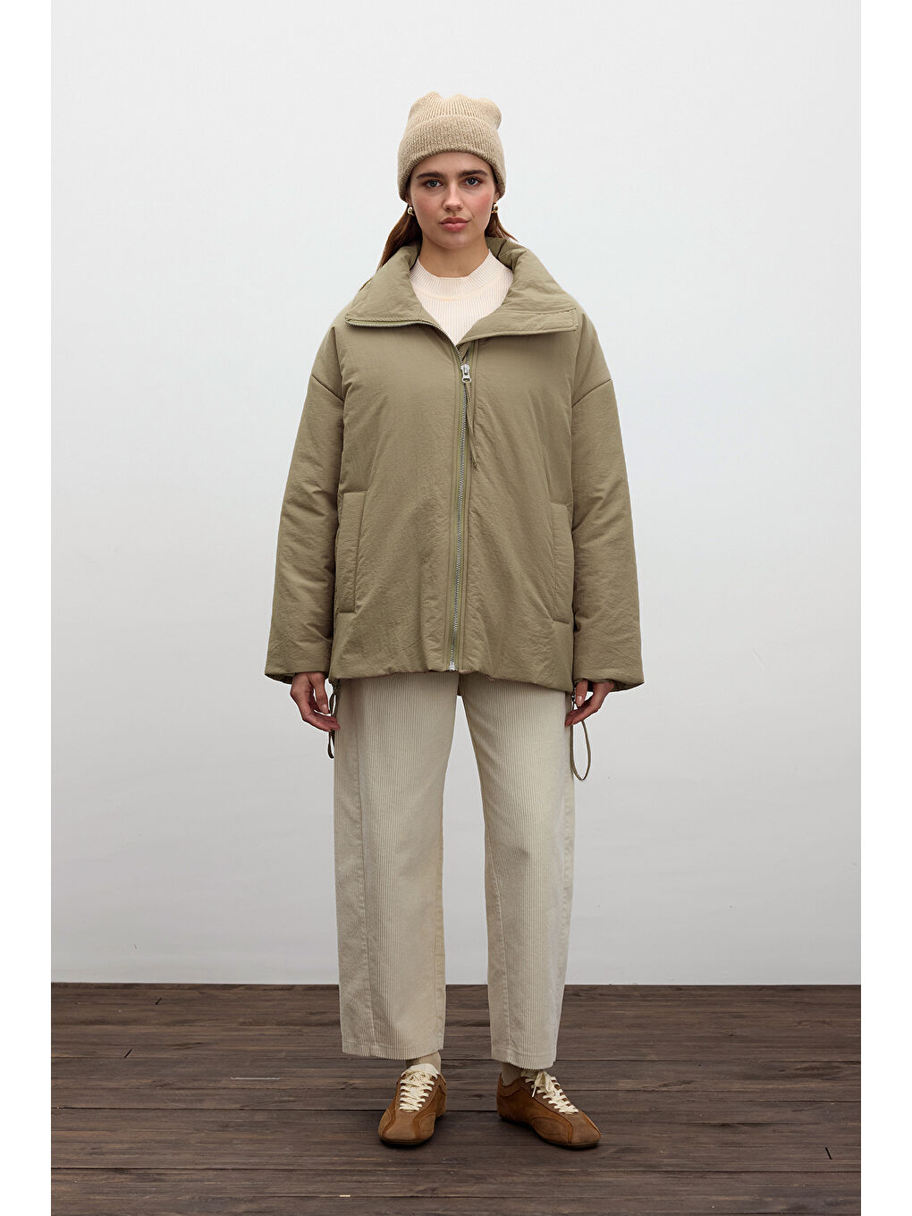 Bej Fermuarlı Mont Vizon-5