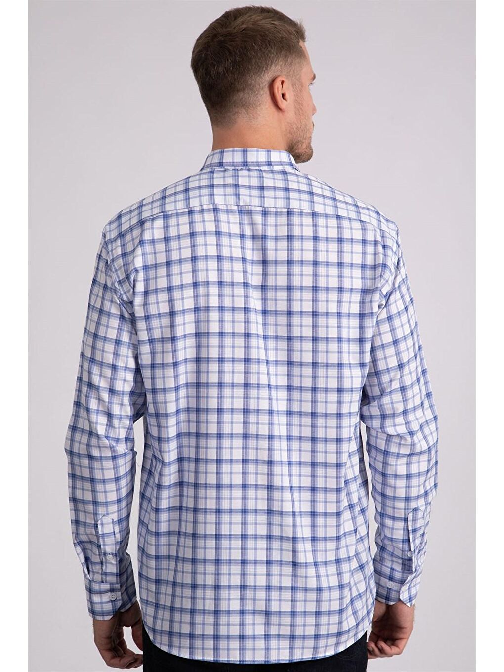 Beyaz Erkek Regular Fit Klasik Kesim Düğmeli Yaka Pamuklu Kolay Ütü Kareli Gömlek-3