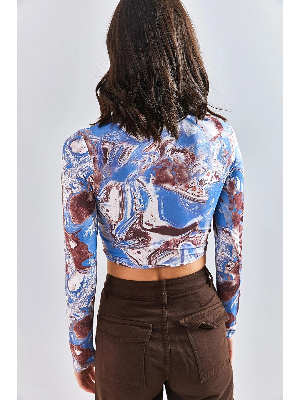 Mavi Kadın Yarım Balıkçı Yaka Biyeli Desenli Bluz-4