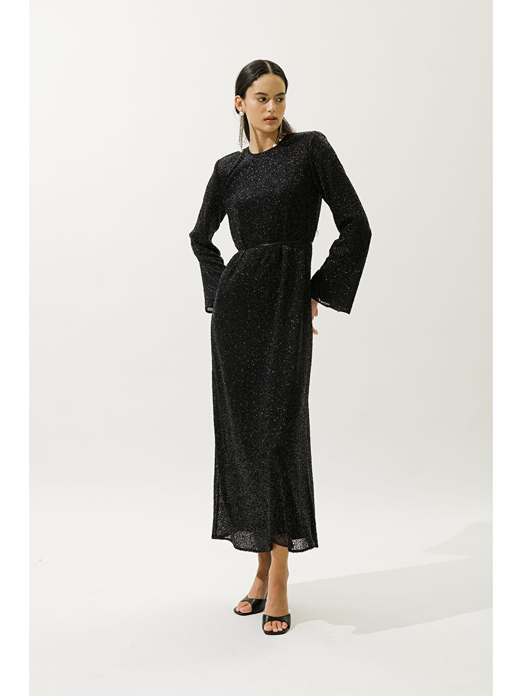 Işıltılı Uzun Kol Abiye Elbise Siyah-4