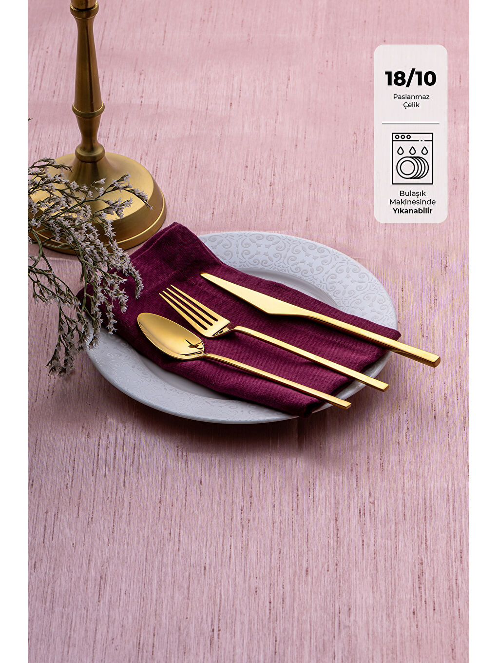 Sarı Alba 18 Parça Parlak Gold Tatlı Kutulu Çatal Kaşık Bıçak Takımı-1