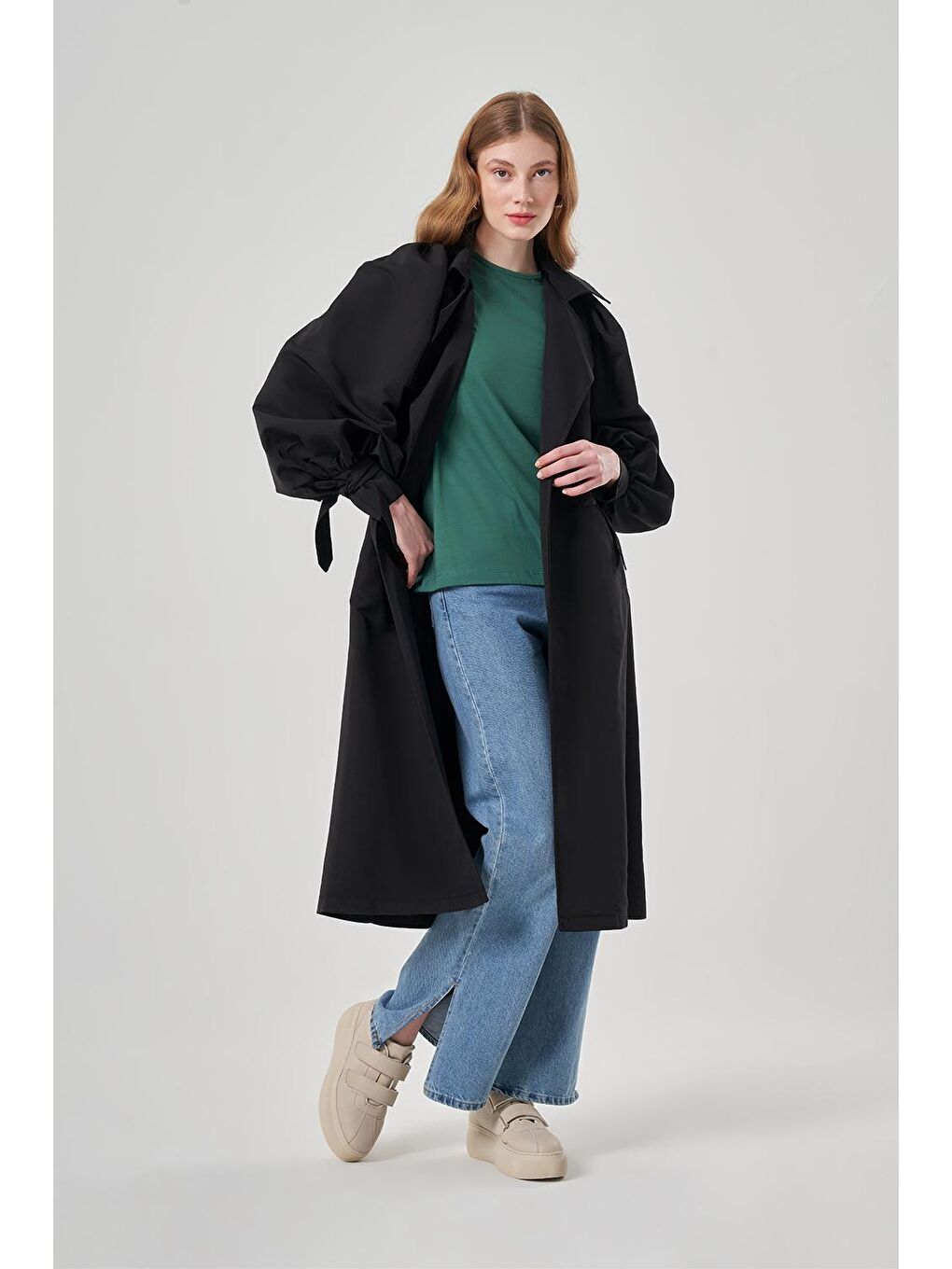 Balon Kollu Basic Siyah Trençkot
