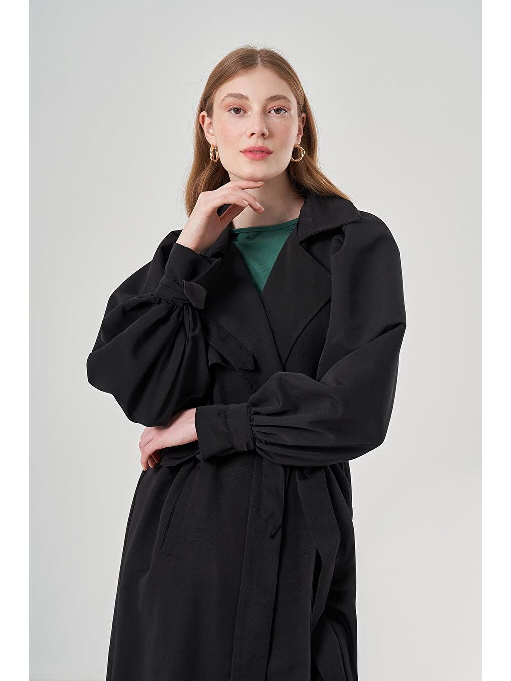 Balon Kollu Basic Siyah Trençkot-1