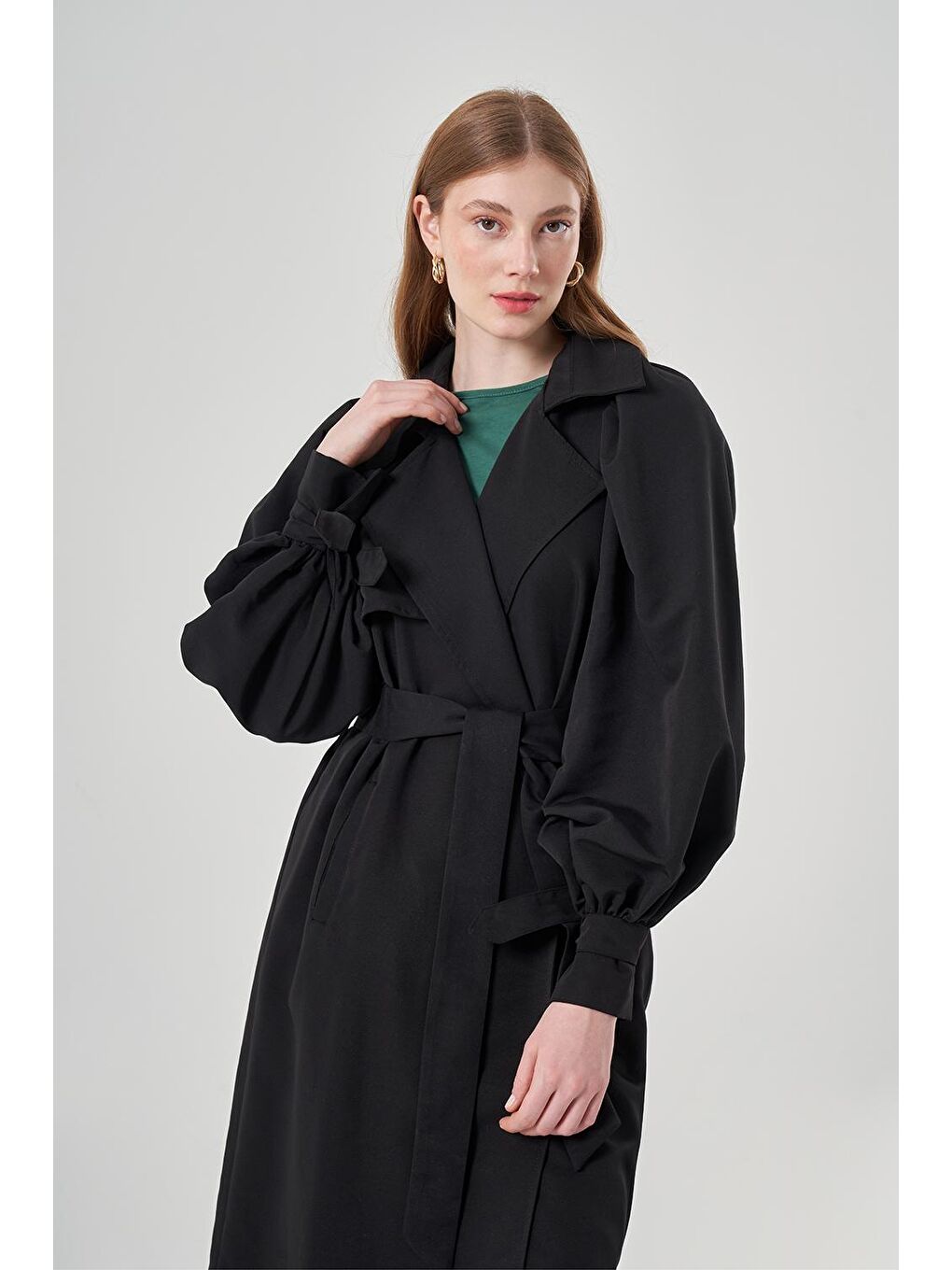 Balon Kollu Basic Siyah Trençkot-2