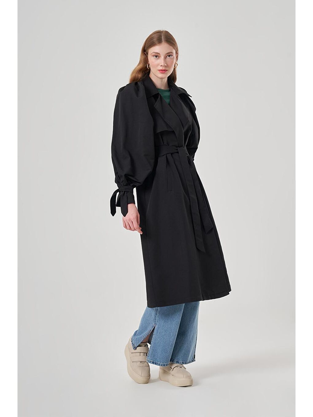 Balon Kollu Basic Siyah Trençkot-3