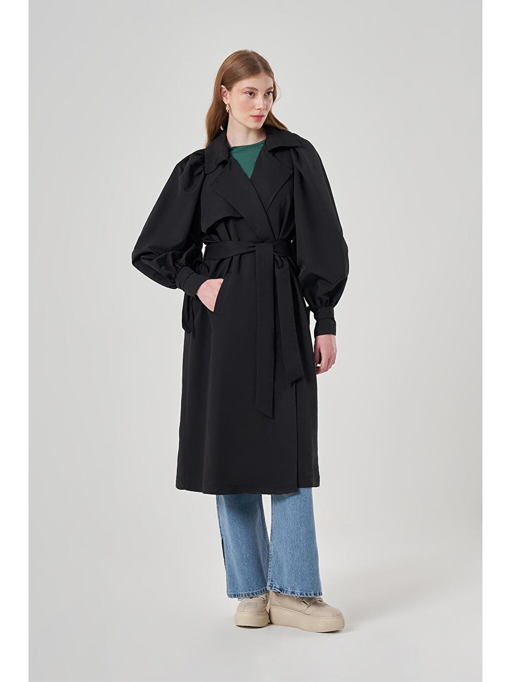 Balon Kollu Basic Siyah Trençkot-4