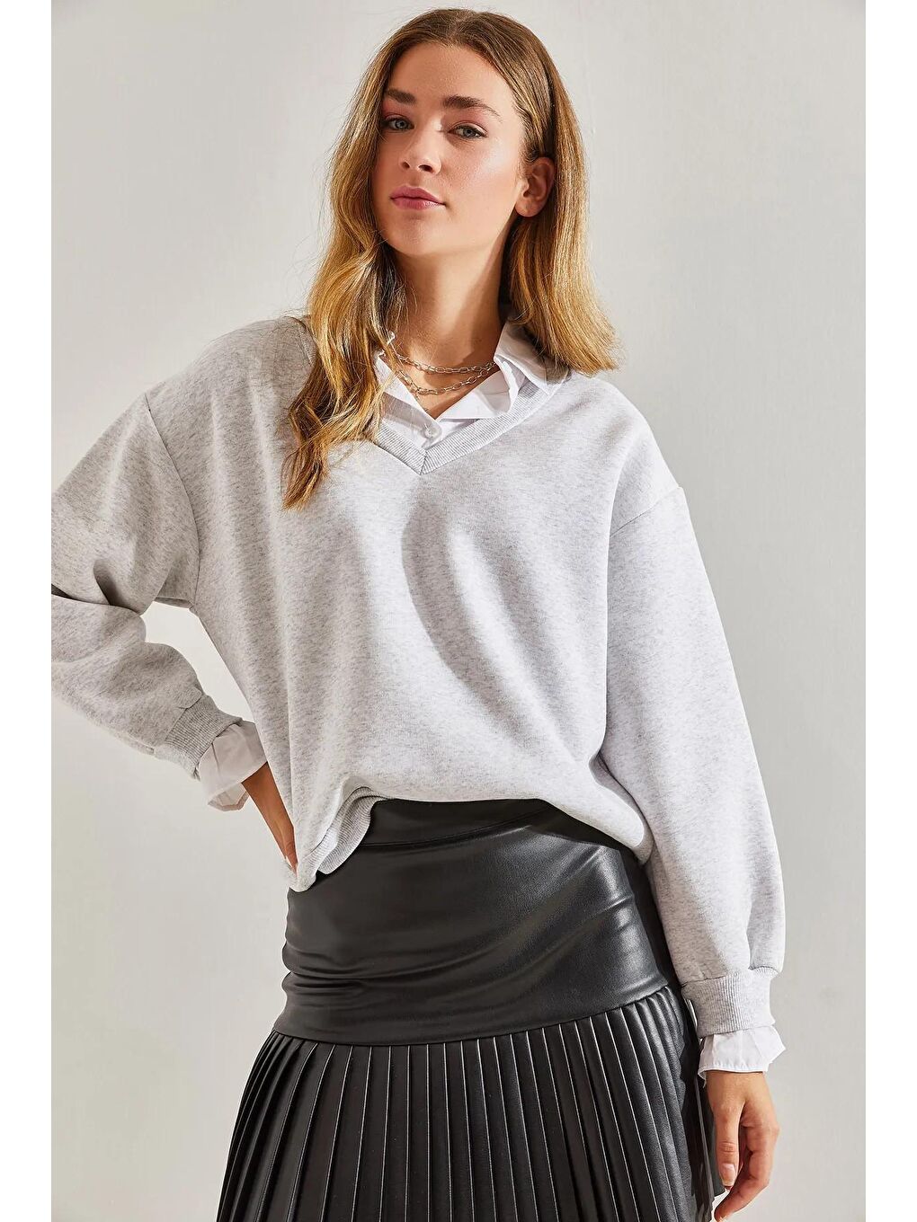 Gri Kadın Yaka Gömlek Desenli Oversize Üç İplik Sweatshirt-2