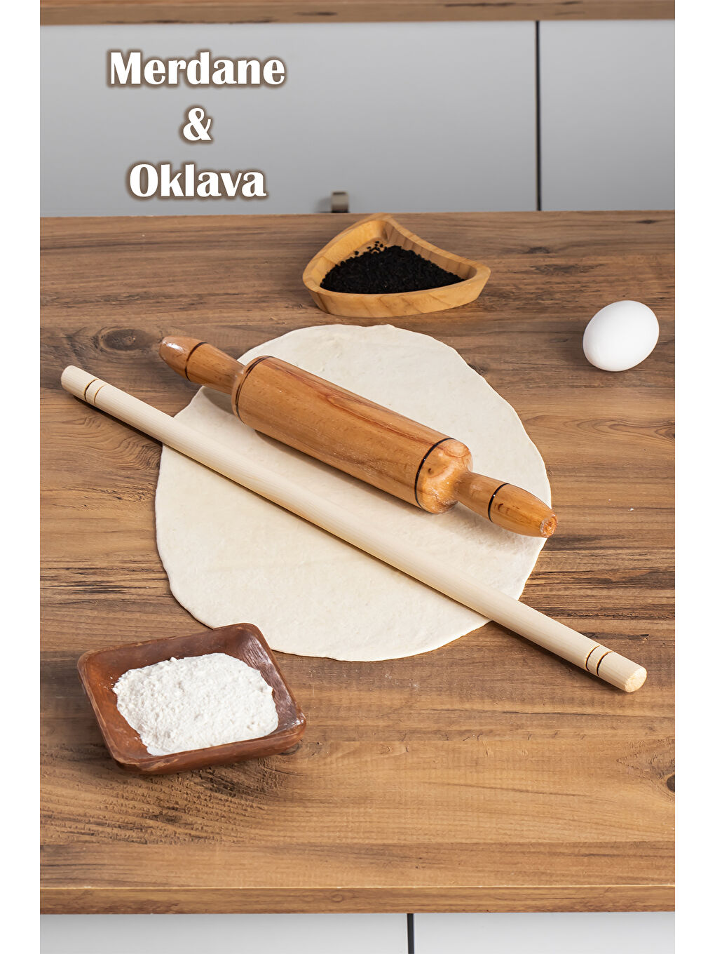 Kahverengi 2'li Ahşap Oklava Merdane Hamur Açıcı Ahşap Oklava Merdane Hamur Açma Oklavası 33 cm - 50 cm