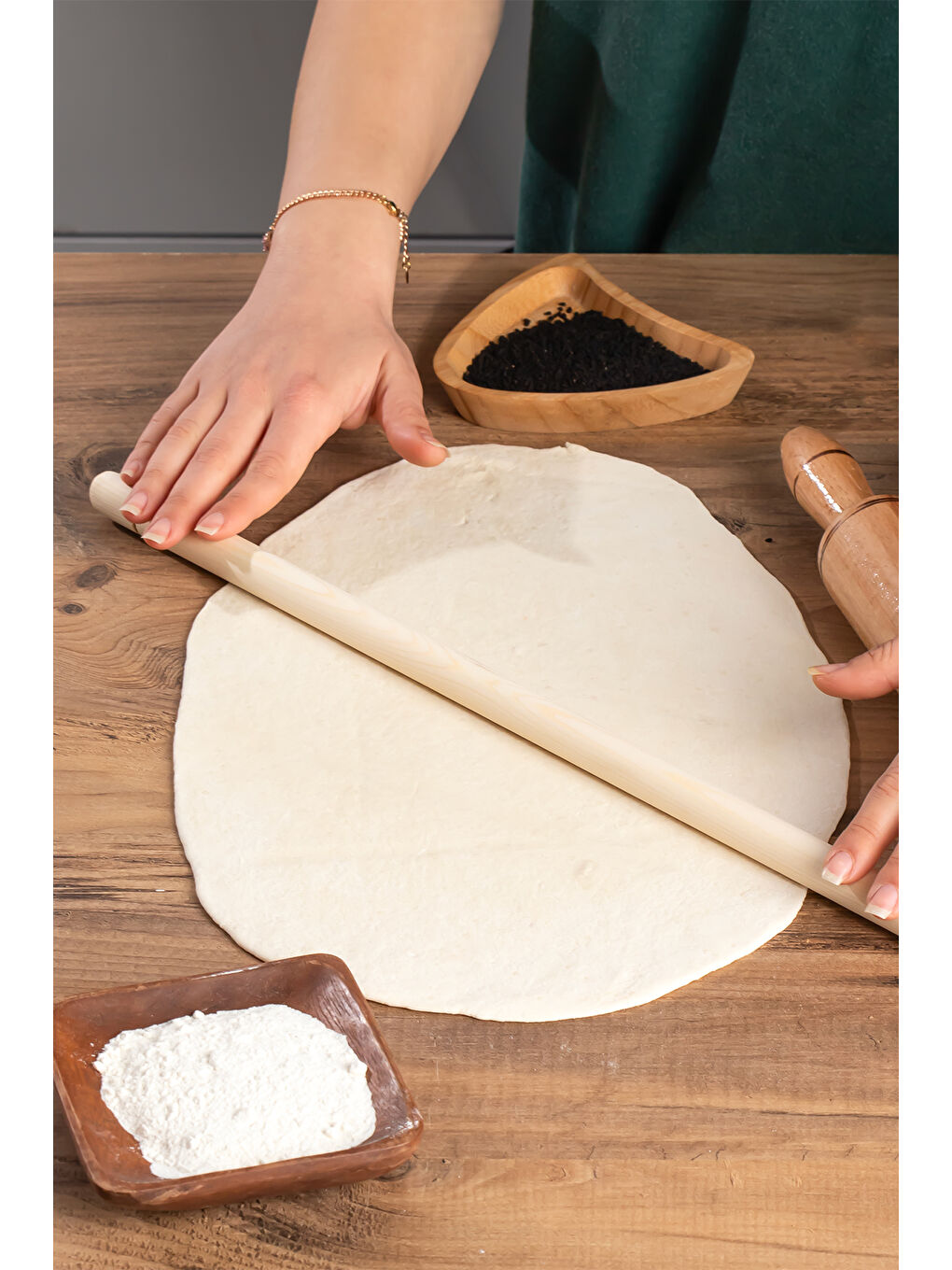 Kahverengi 2'li Ahşap Oklava Merdane Hamur Açıcı Ahşap Oklava Merdane Hamur Açma Oklavası 33 cm - 50 cm-1