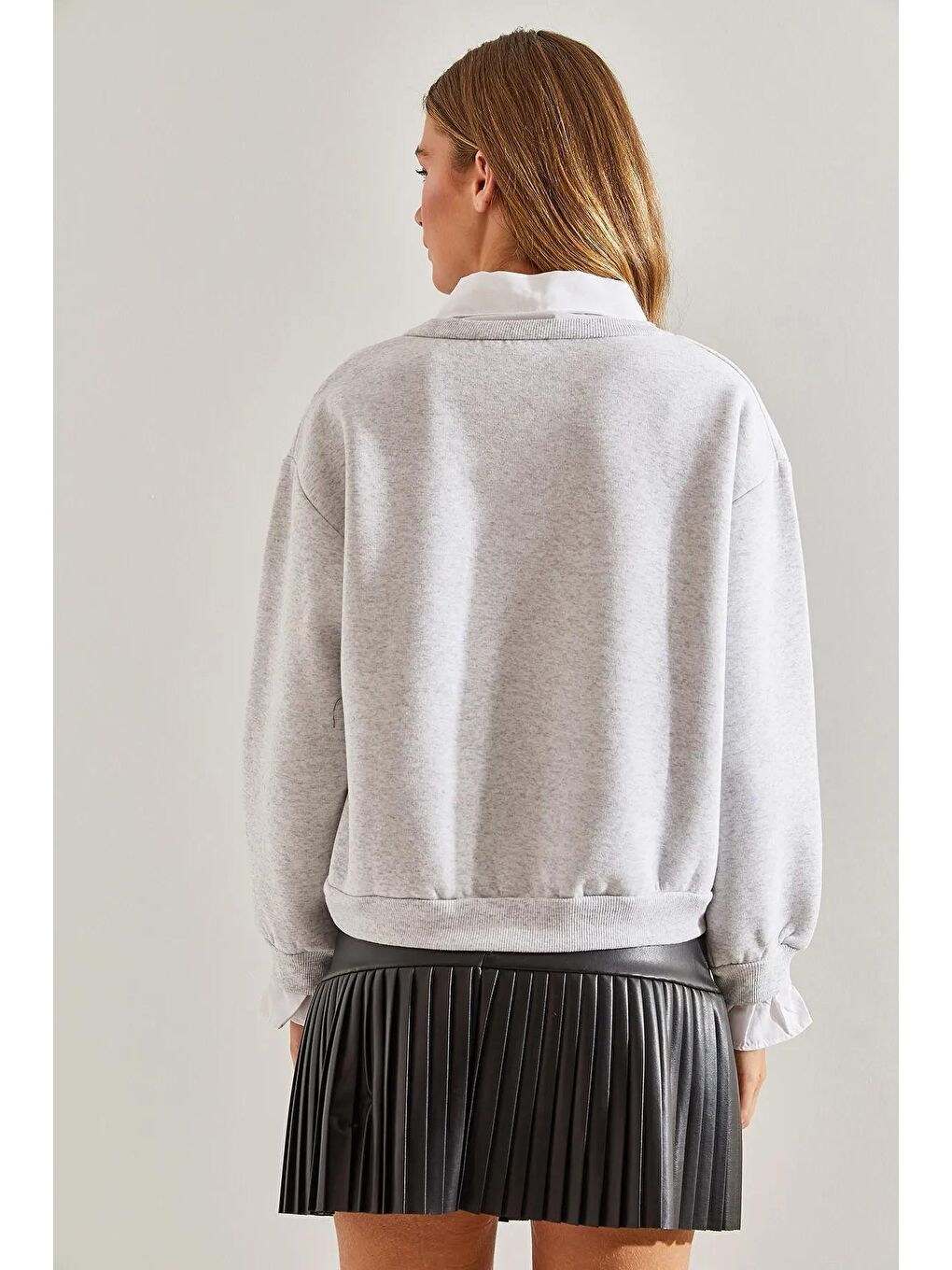 Gri Kadın Yaka Gömlek Desenli Oversize Üç İplik Sweatshirt-4