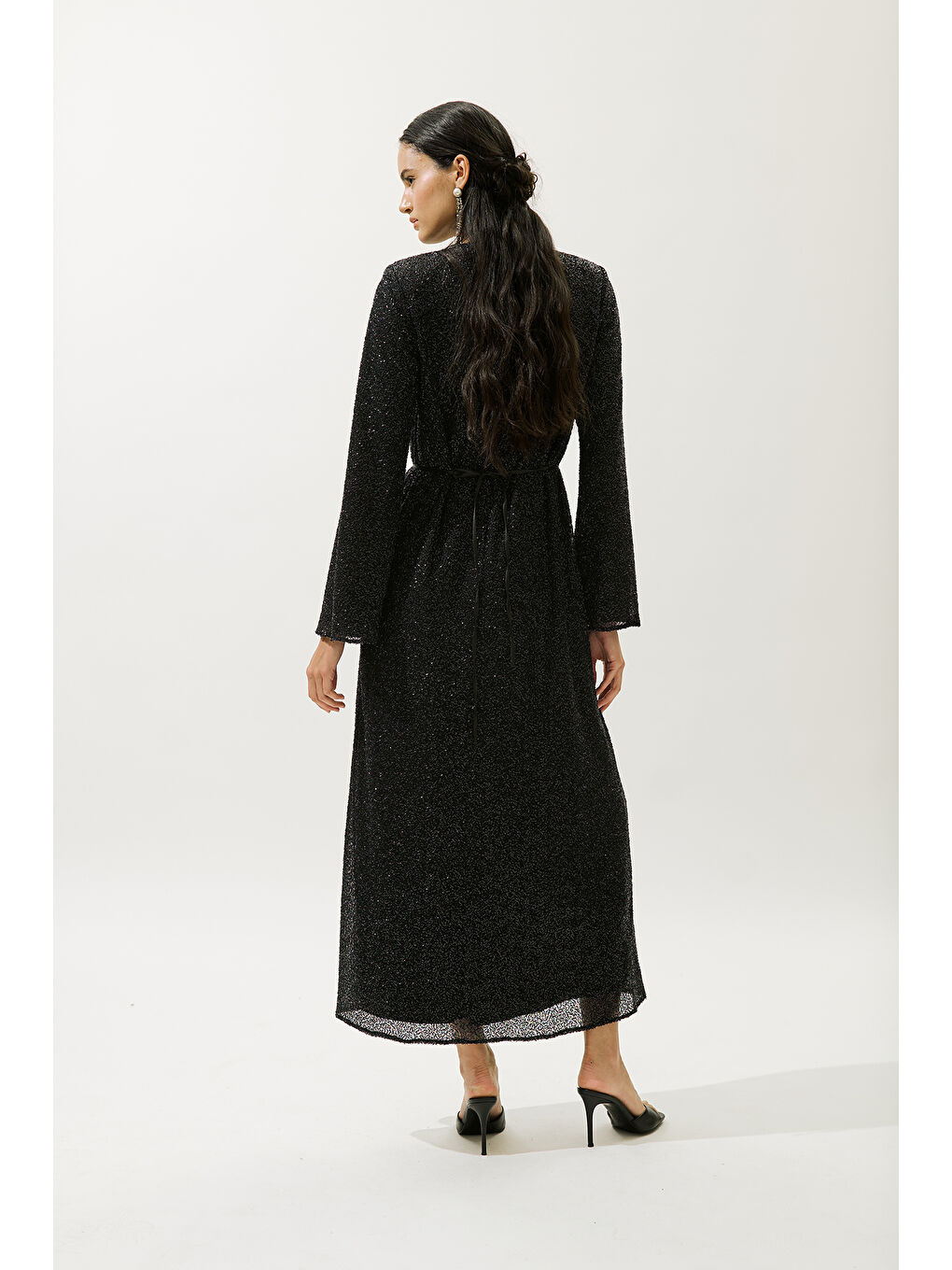 Işıltılı Uzun Kol Abiye Elbise Siyah-7