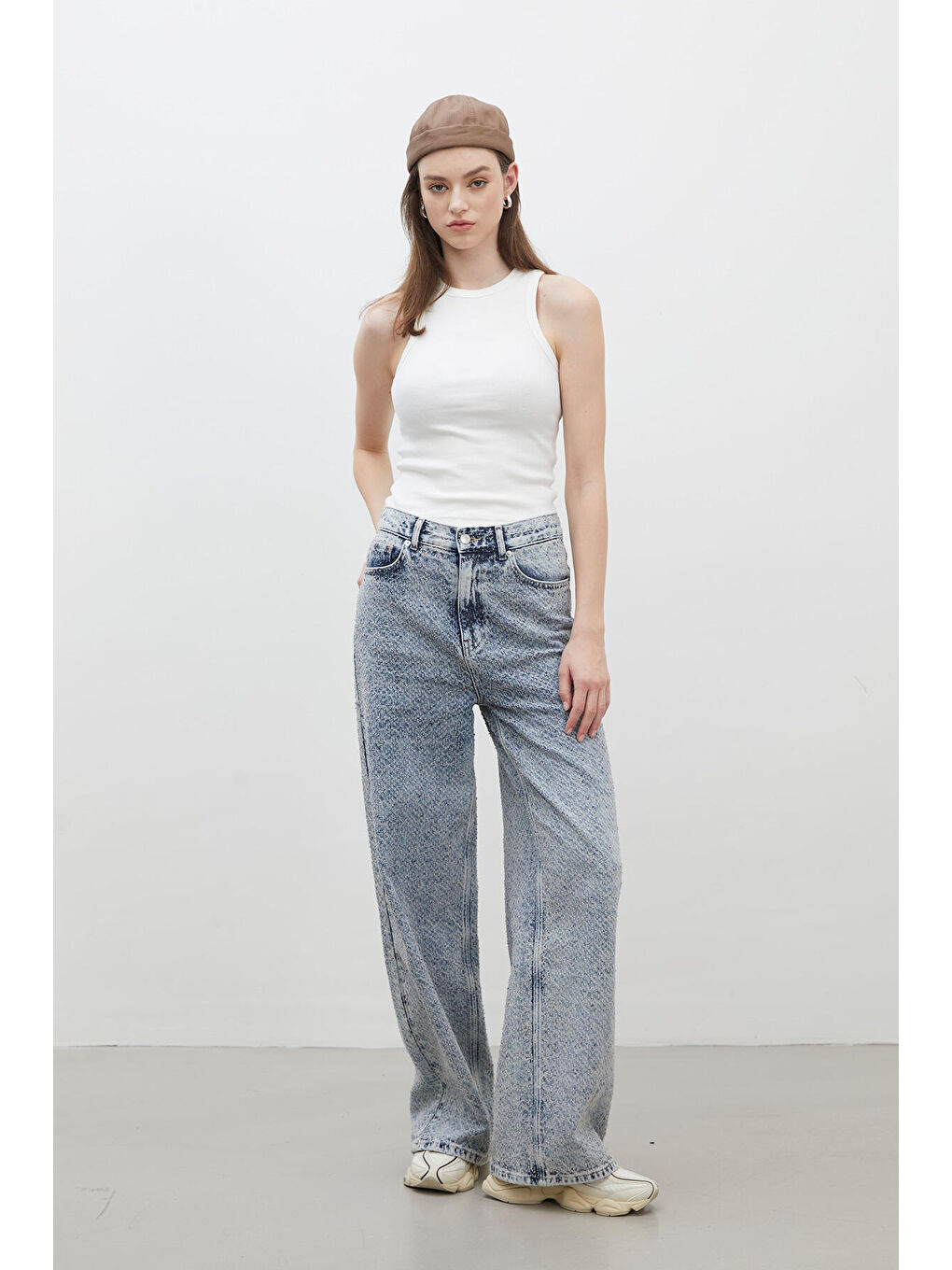 Loose Fit Dokulu Denim Pantolon Mavi-2