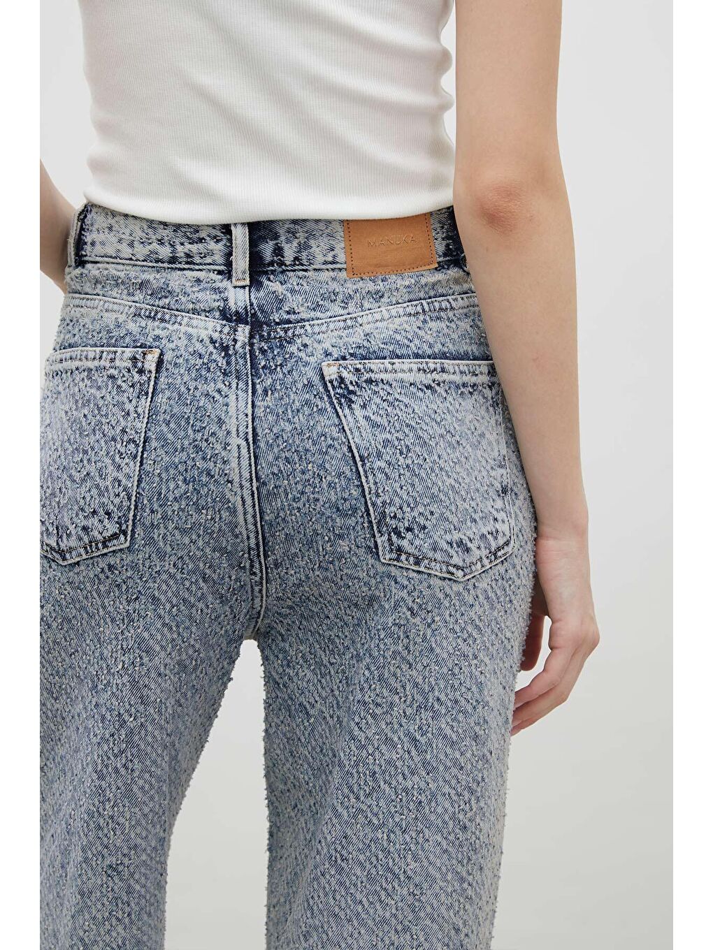 Loose Fit Dokulu Denim Pantolon Mavi-5