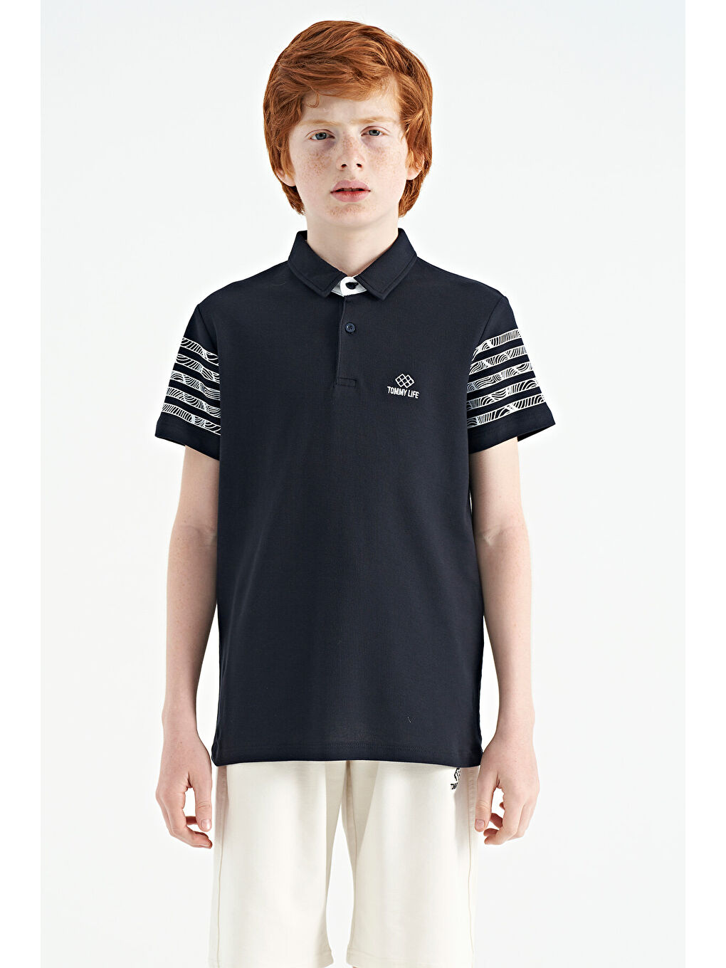 Lacivert Kol Baskı Detaylı Standart Kalıp Polo Yaka Erkek Çocuk Tişört - 11093