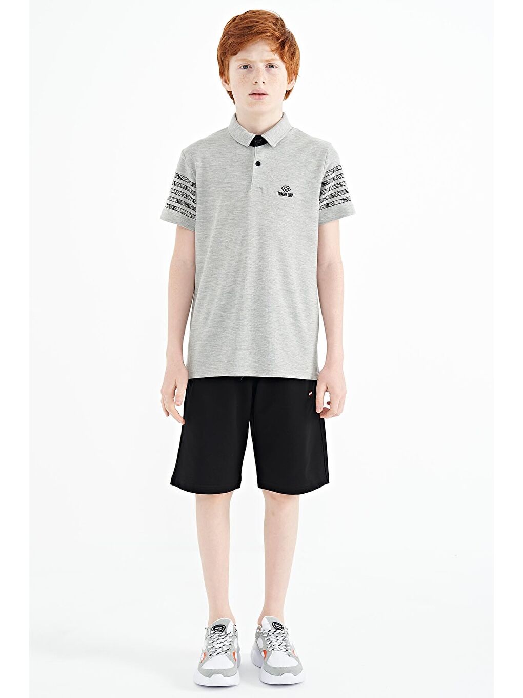 Gri Melanj Kol Baskı Detaylı Standart Kalıp Polo Yaka Erkek Çocuk Tişört - 11093-4