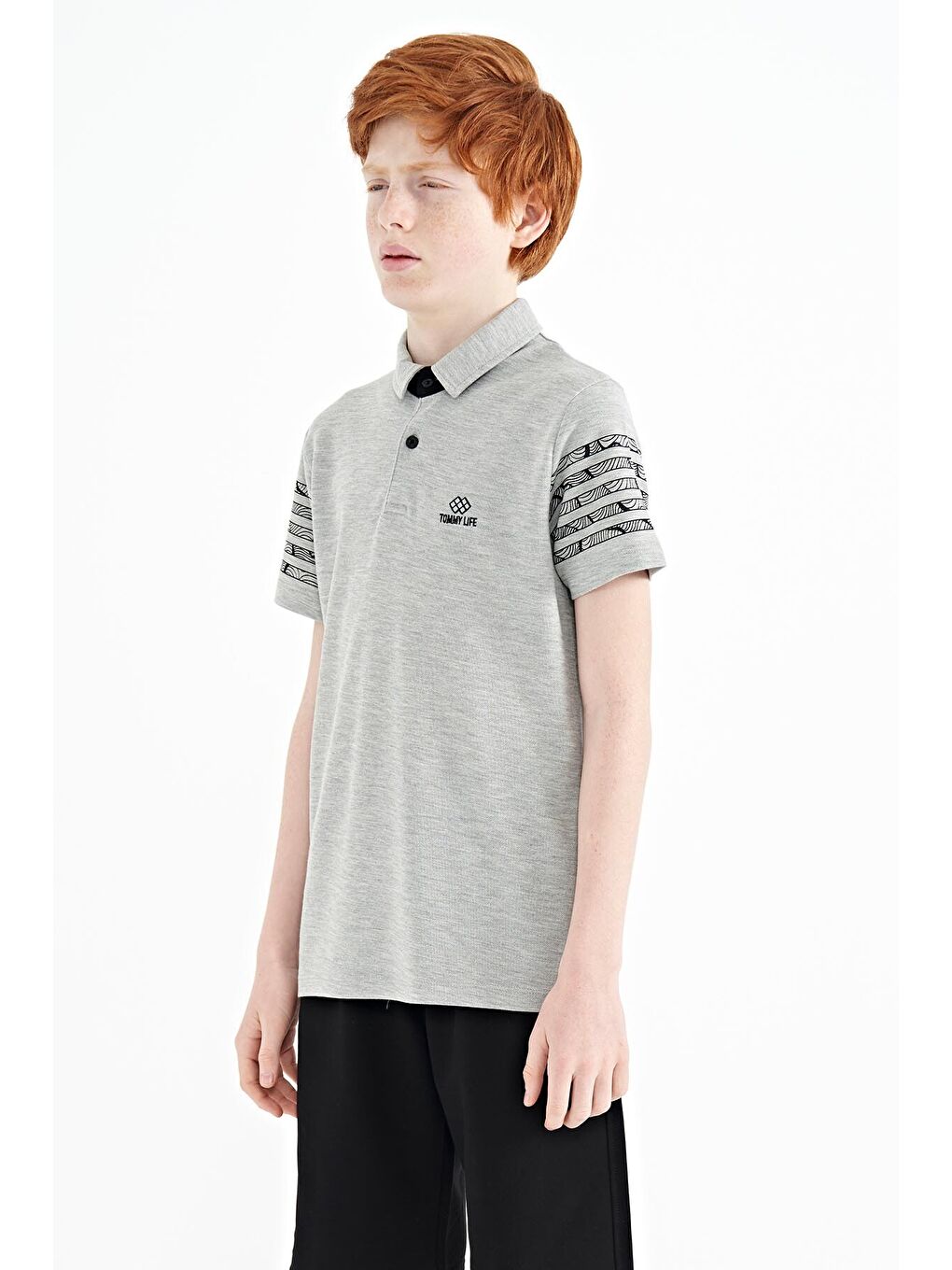 Gri Melanj Kol Baskı Detaylı Standart Kalıp Polo Yaka Erkek Çocuk Tişört - 11093-6