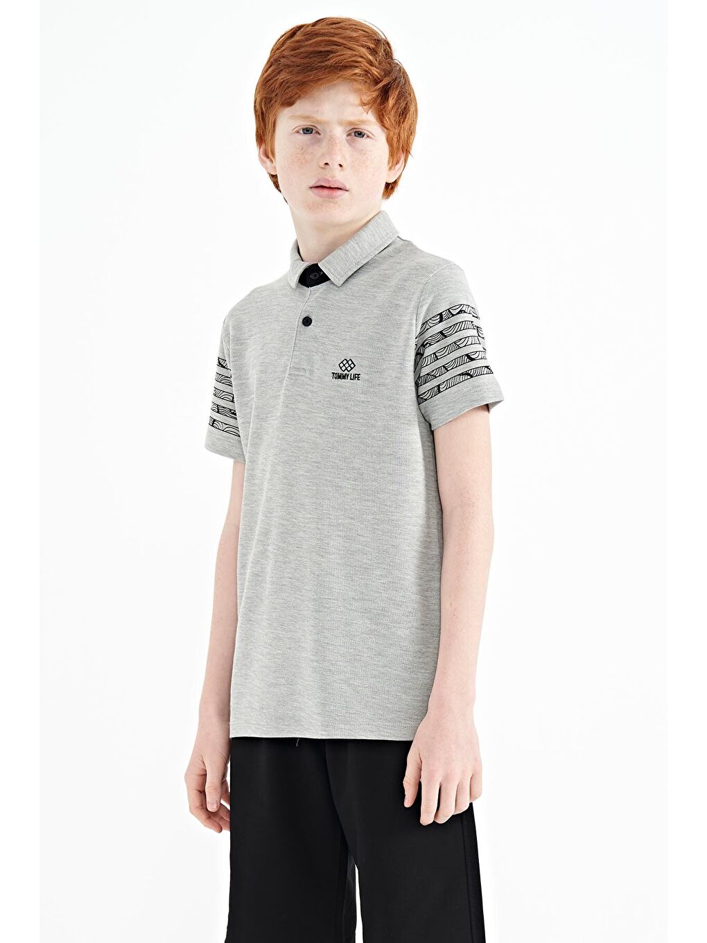 Gri Melanj Kol Baskı Detaylı Standart Kalıp Polo Yaka Erkek Çocuk Tişört - 11093-8