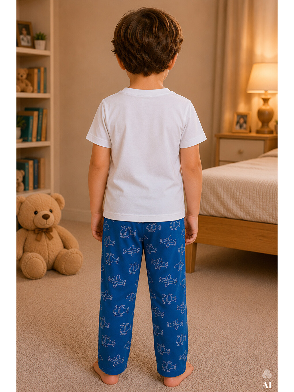 Mavi Erkek Çocuk Kısa Kollu Pamuklu Hayvan Desenli Pijama Takımı-4