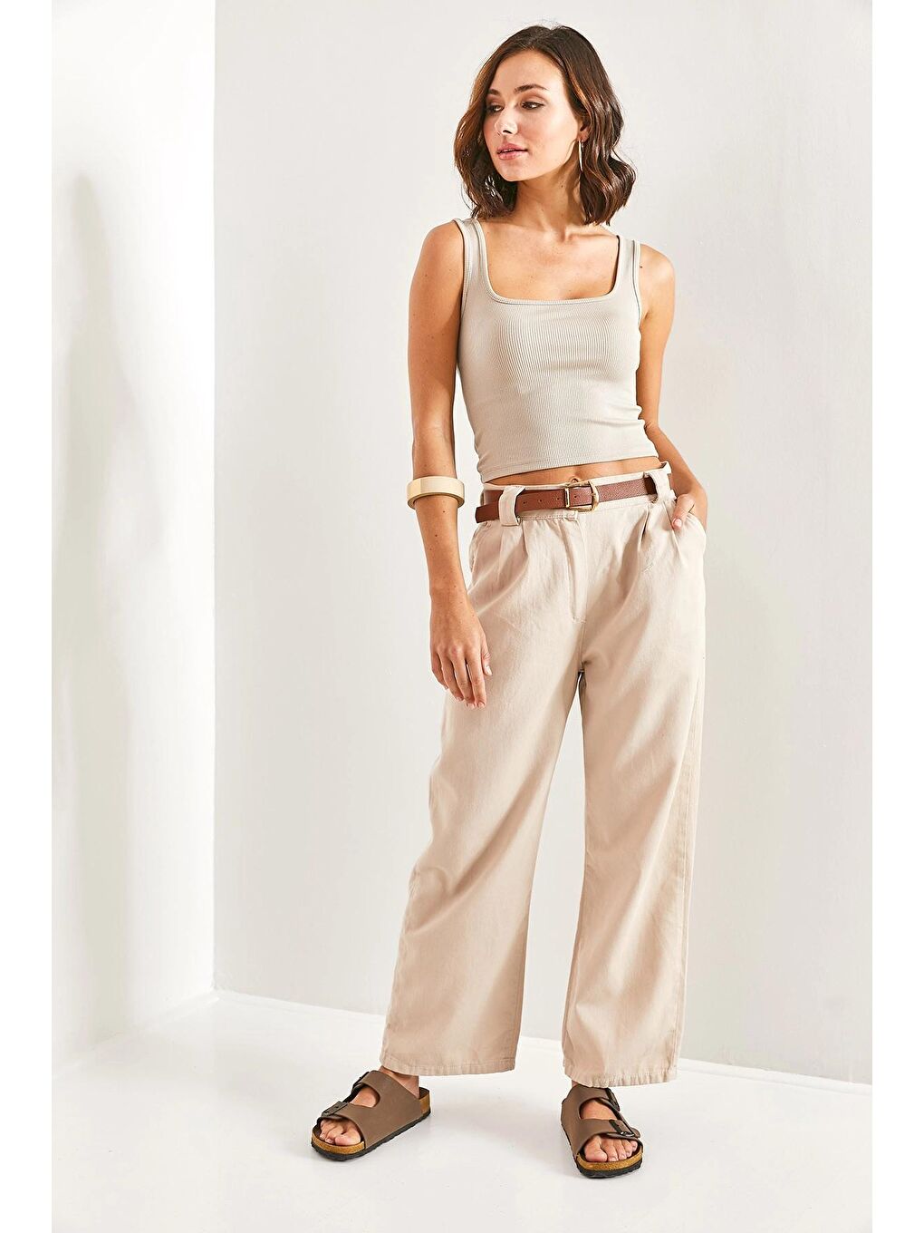 Bej Kadın Kemerli Beli Lastikli Pantolon-2