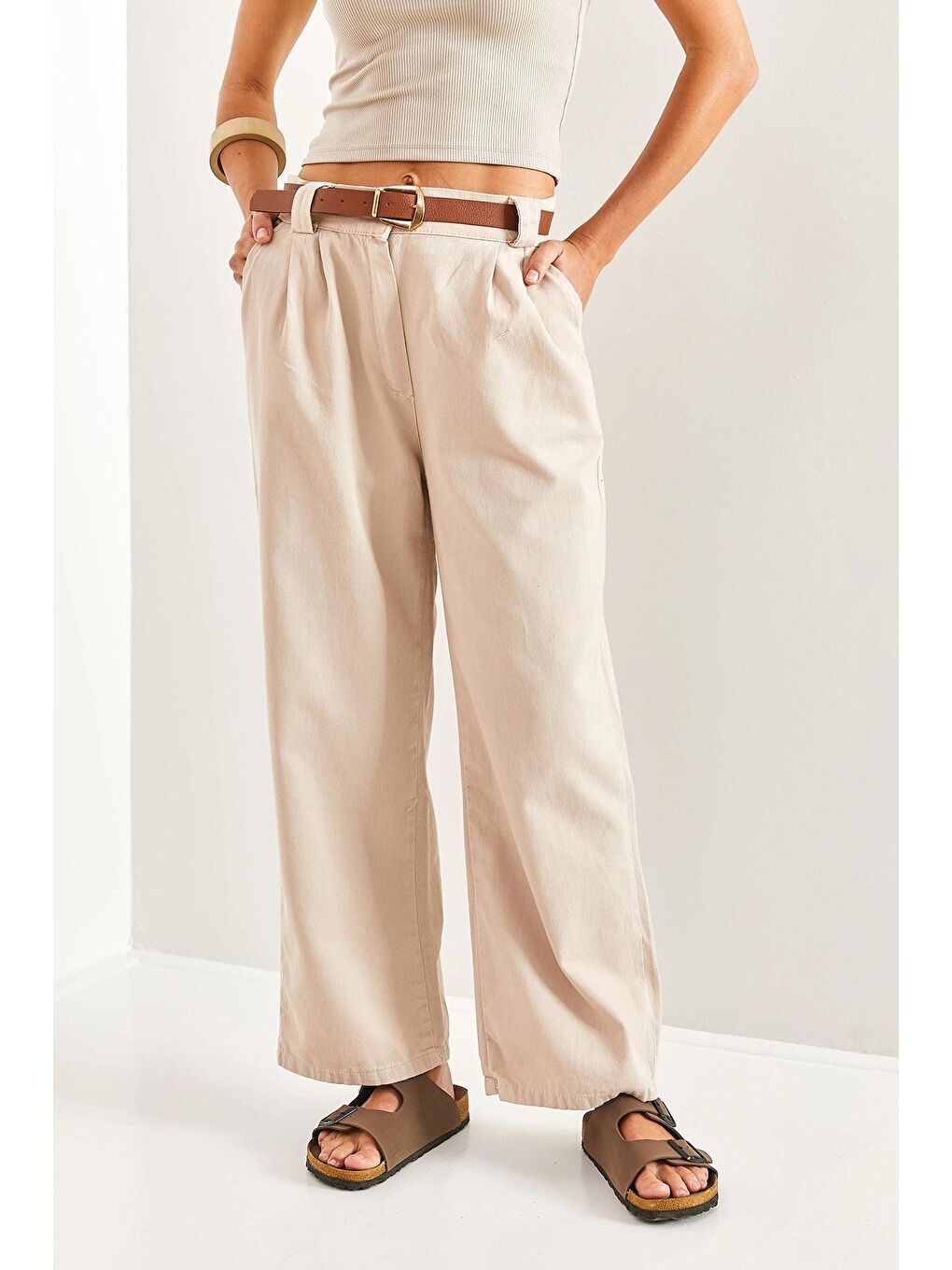 Bej Kadın Kemerli Beli Lastikli Pantolon-4