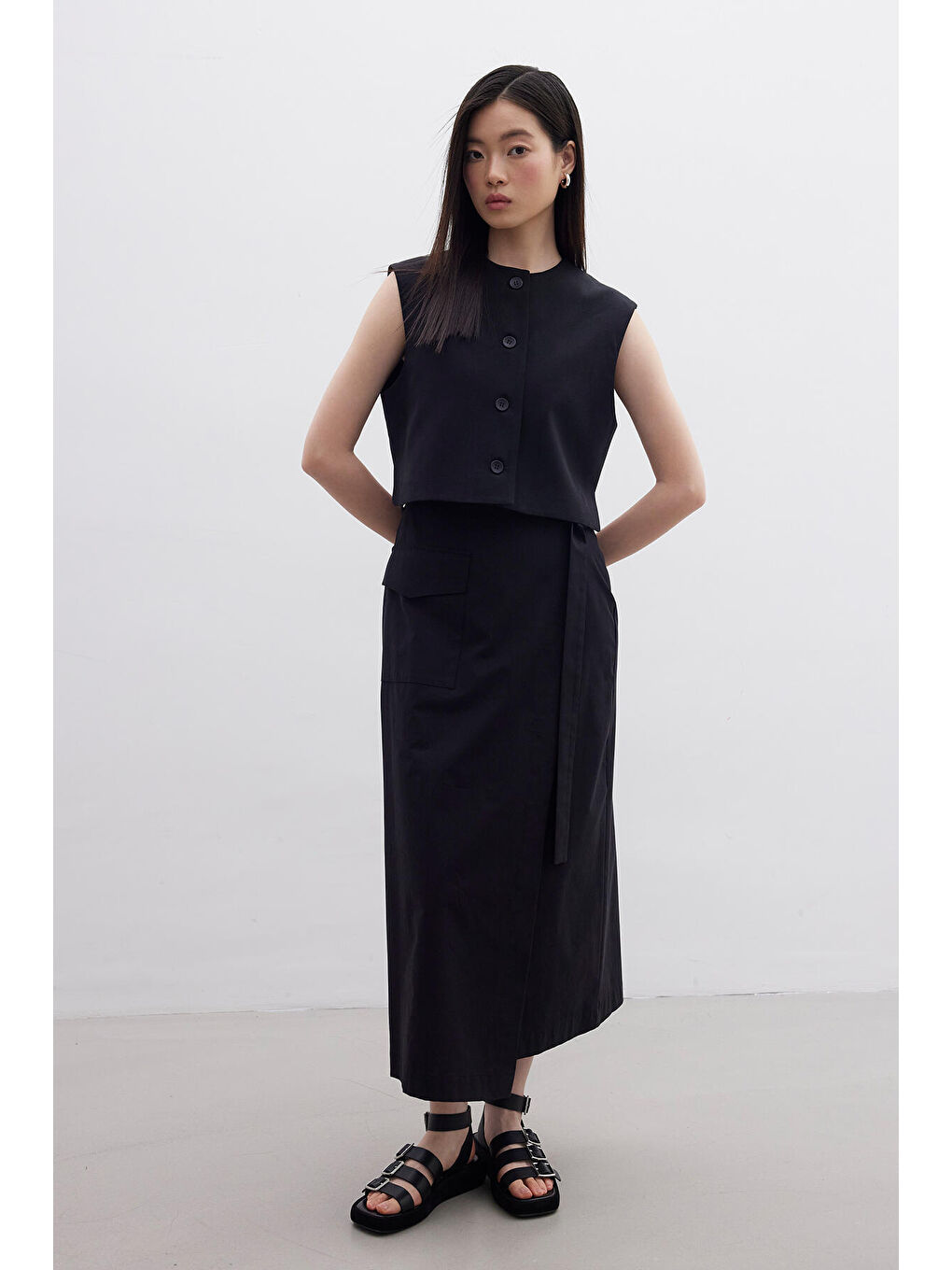 Kruvaze Cep Detaylı Etek Siyah