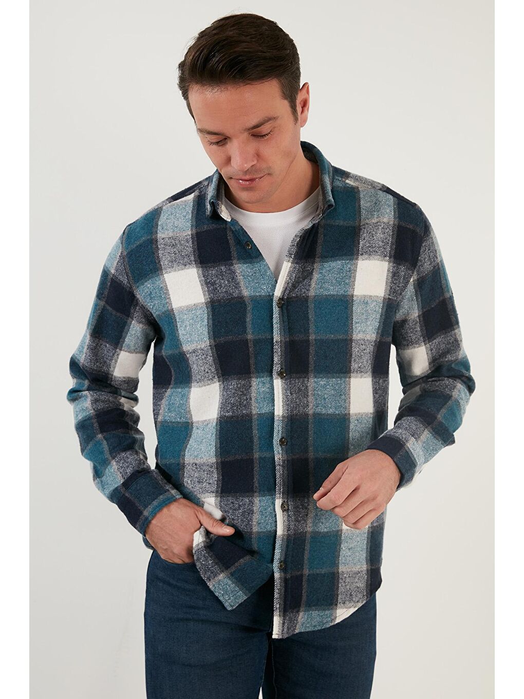 Petrol Ekoseli Uzun Kollu  Kışlık Oduncu Gömlek CF21W112844-1